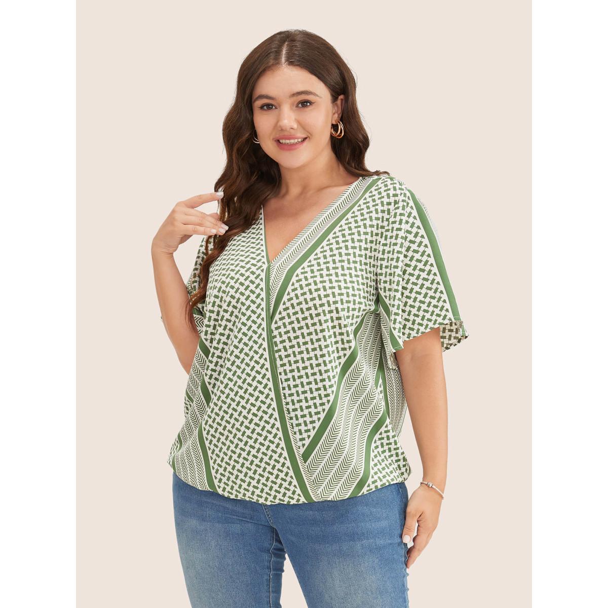 Plus Size Moss Geometric Contrast Ruffle Sleeve Wrap Blouse Women Resort Short sleeve Overlap Collar Vacation Blouses BloomChic 30/6X Product Image