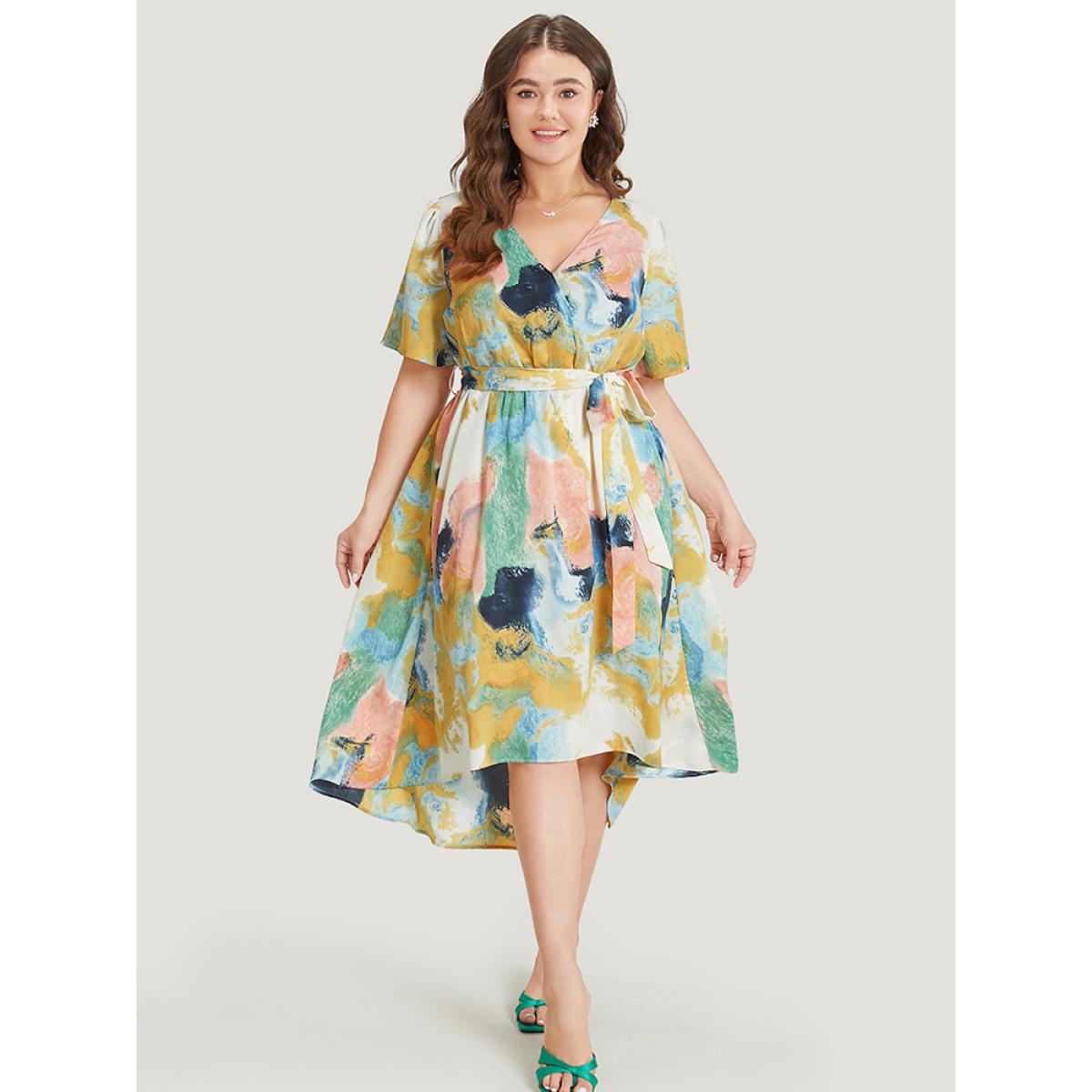 Plus Size Tie Dye Ruffle Pocket Wrap Belted High Low Dress Green Women Elegant Wrap V-neck Short sleeve Curvy Midi Dress BloomChic 18-20/2X Product Image