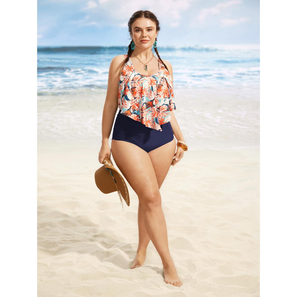 Plus Size Floral Print Tiered Ruffles One Piece Swimsuit Women's Swimwear Indigo Beach Gathered Curve Bathing Suits High stretch One Pieces BloomChic 22-24/3X Product Image