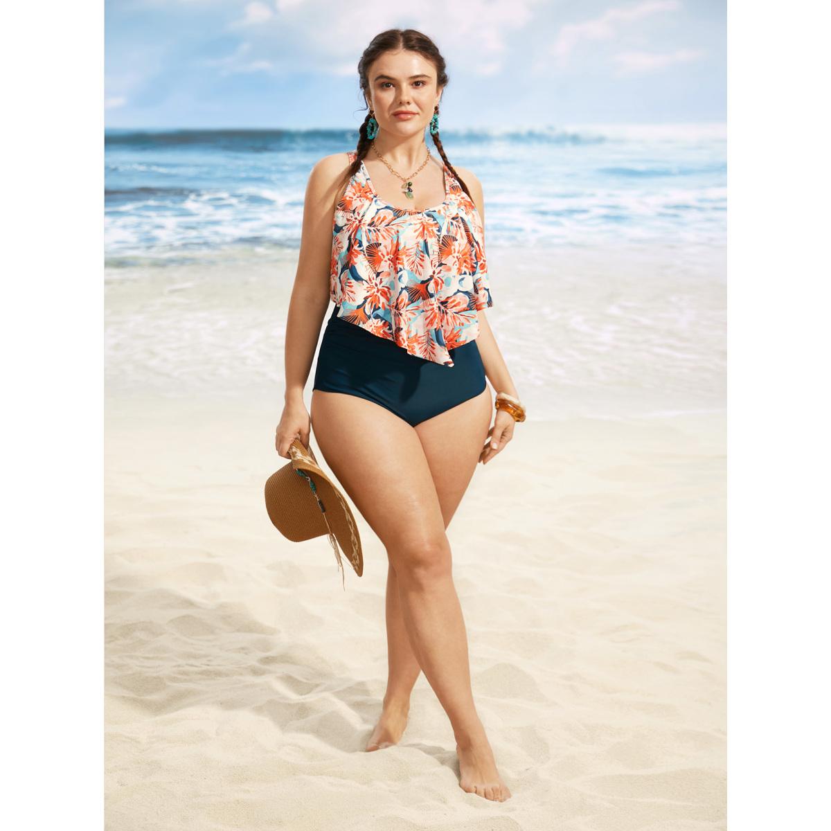 Plus Size Floral Print Tiered Ruffles One Piece Swimsuit Women's Swimwear Cyan Beach Gathered Curve Bathing Suits High stretch One Pieces BloomChic 18-20/2X Product Image