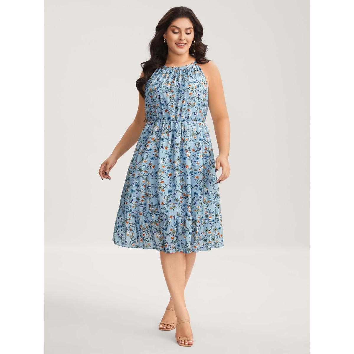 Plus Size Floral Print Halter Neck Tiered Midi Dress Stone Women Halter neck Sleeveless Curvy BloomChic 22-24/3X Product Image