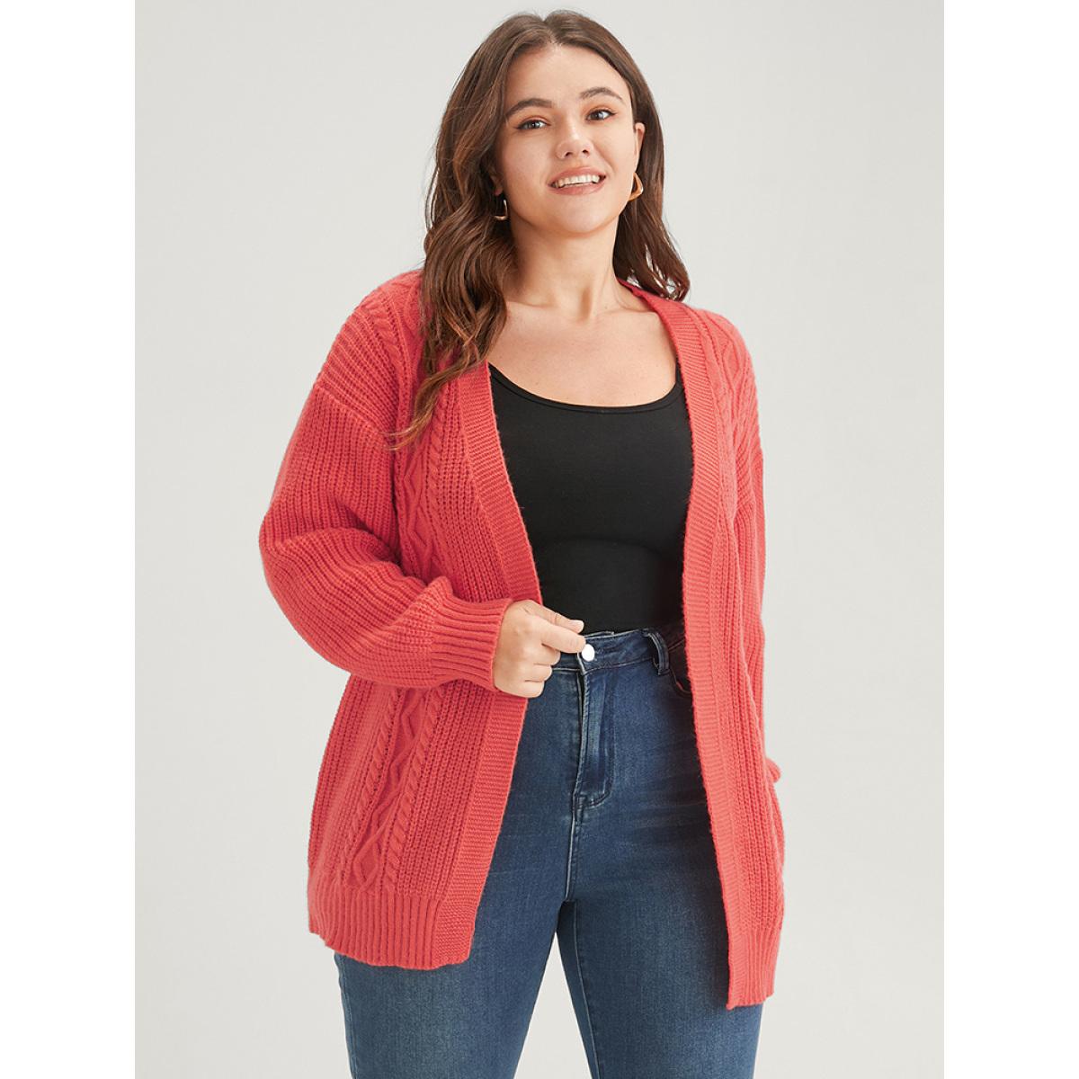 Plus Size Plain Pointelle Knit Geometric Eyelet Belted Open Front Cardigan OrangeRed Women Elegant Loose Long Sleeve Dailywear Cardigans BloomChic 28/5X Product Image