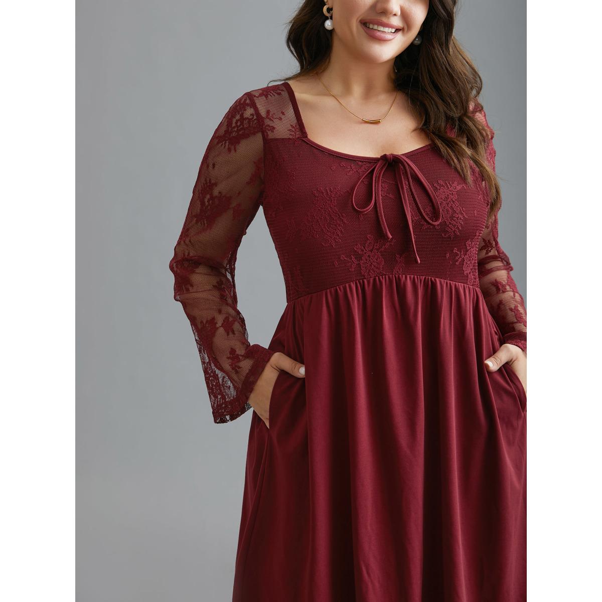 Plus Size Crochet Lace Mesh Bell Sleeve Dress Scarlet Women Elegant Woven ribbon&lace trim Heart neckline Long Sleeve Curvy BloomChic 14-16/1X Product Image