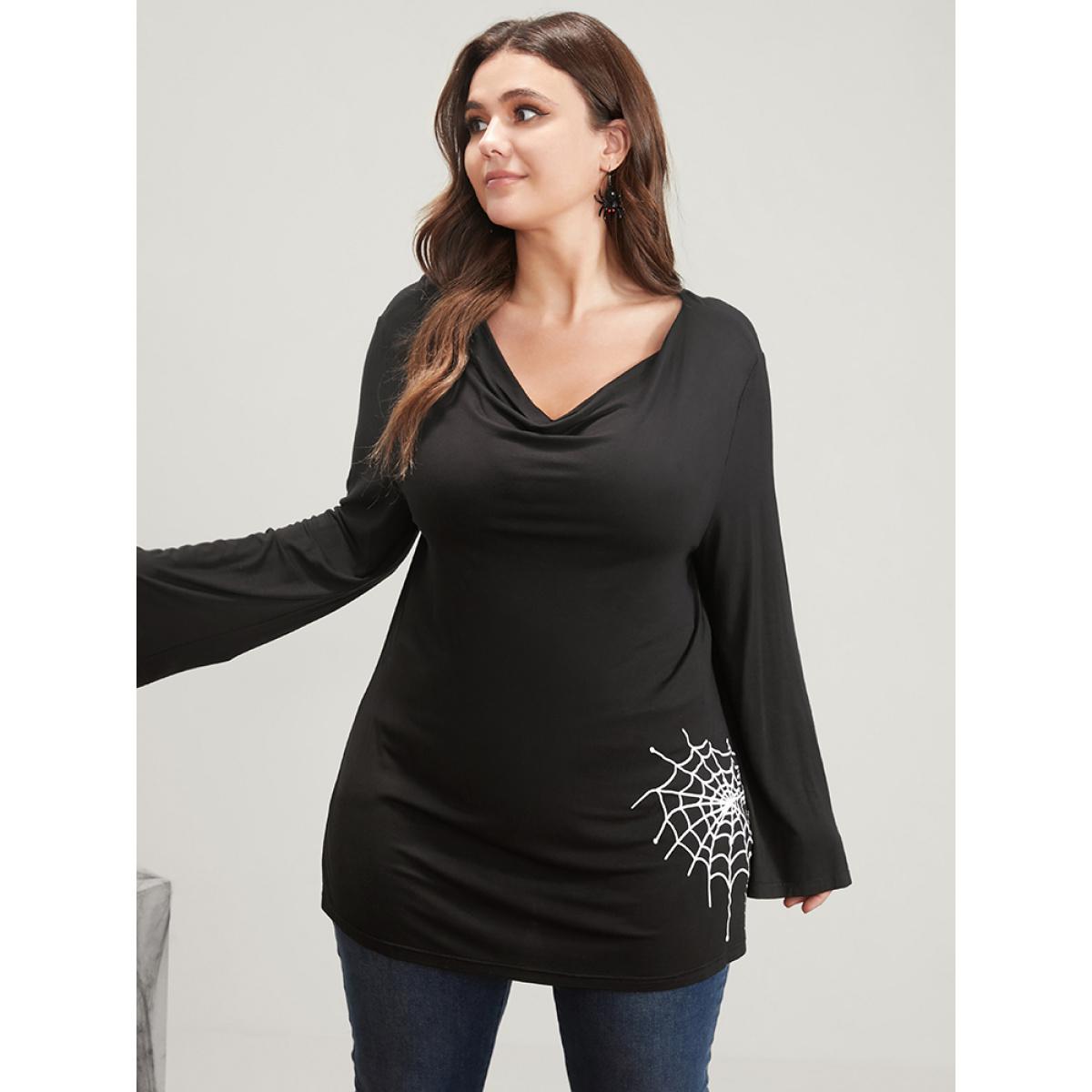 Plus Size Halloween Spider Web Print Long Tee Black Women Elegant Plain Graphic-Halloween V-neck Dailywear T-shirts BloomChic 30/6X Product Image