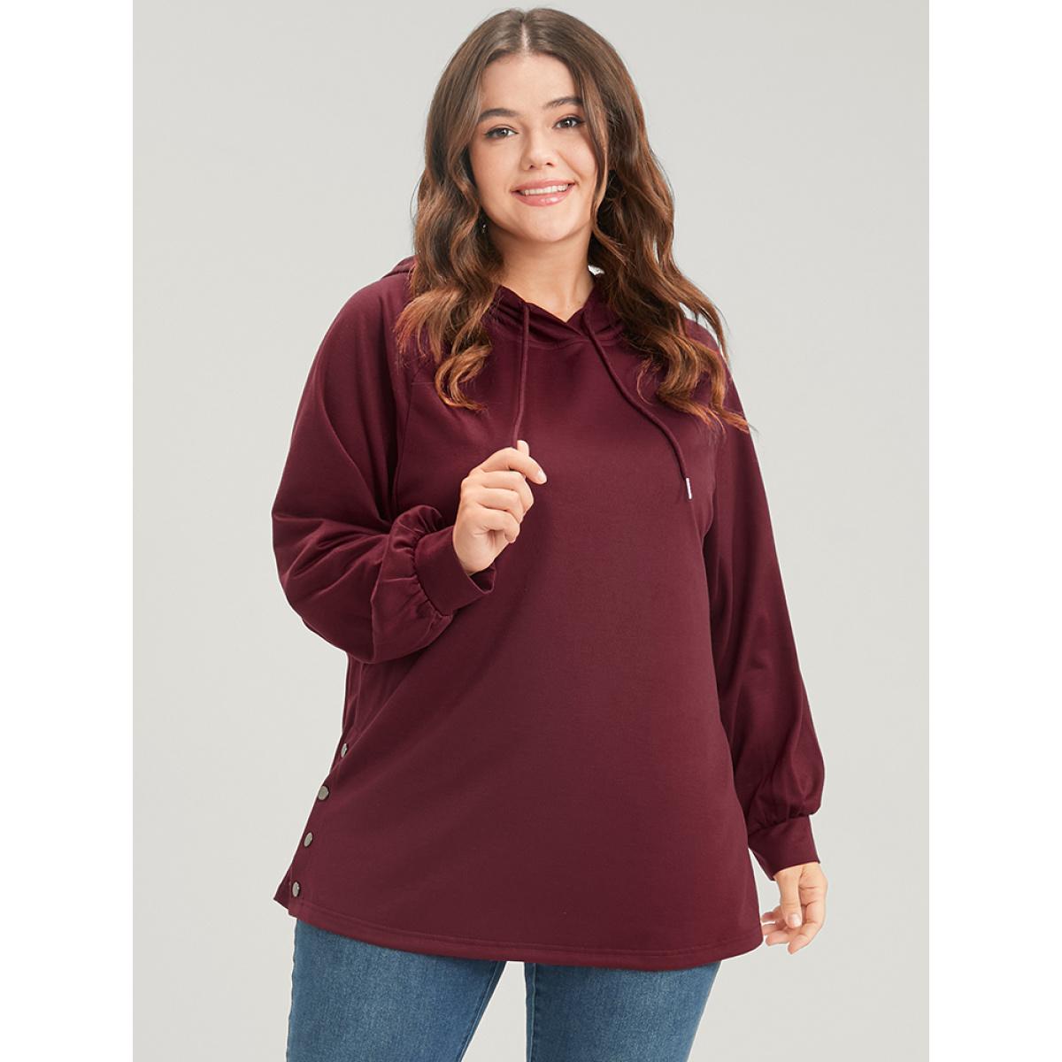 Plus Size Solid Button Side Drop Shoulder Hooded Sweatshirt Women Scarlet Casual Button Hooded Dailywear Sweatshirts BloomChic 18-20/2X Product Image