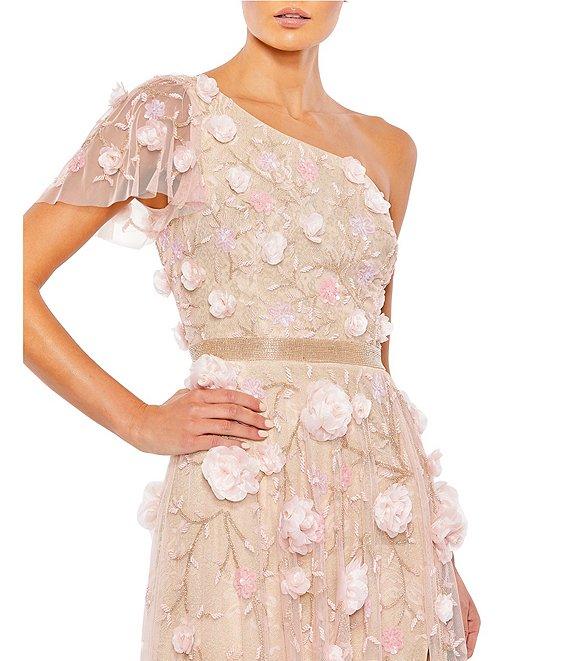 Mac Duggal Embellished Mesh 3D Floral One Shoulder Short Sleeve Column Gown Product Image