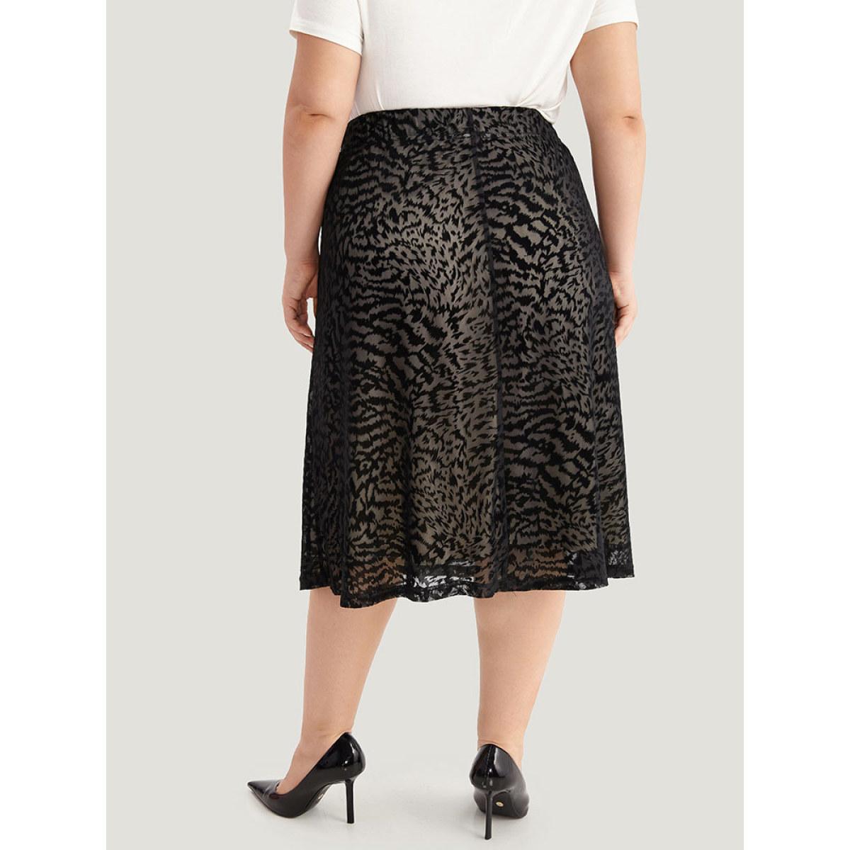 Plus Size Flocking Water Ripple Elastic Waist Midi Skirt Women Black Elegant Texture Low stretch Dailywear Skirts BloomChic 10/M Product Image