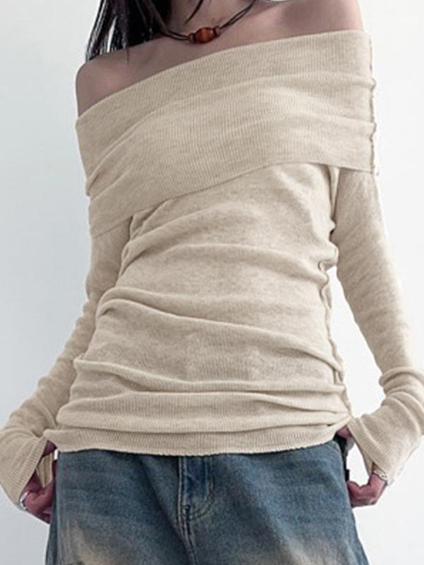 Solid Off Shoulder Slim Long Sleeve Knit Product Image