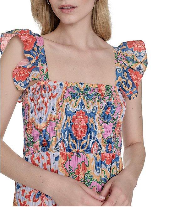 Vince Camuto Placement Print Square Neck Sleeveless Tiered Midi Dress Product Image