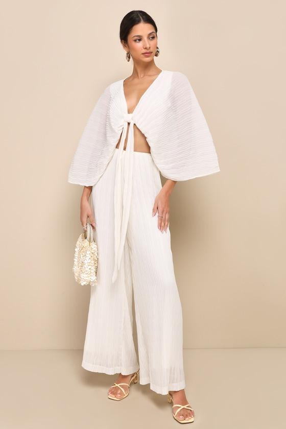 Pristine Presence Ivory Plisse Tie-Front Dolman Sleeve Crop Top Product Image