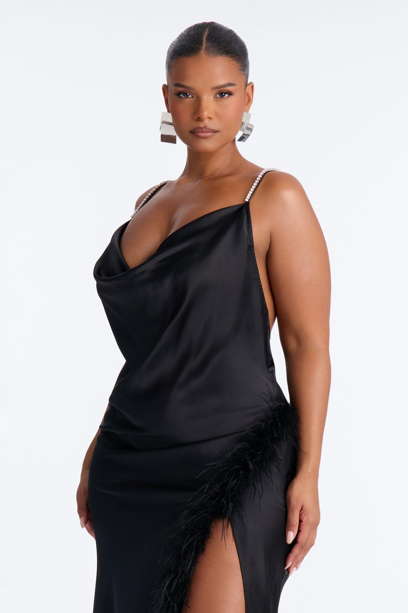 Isabella Feather Trim Satin Gown - Black Female Product Image