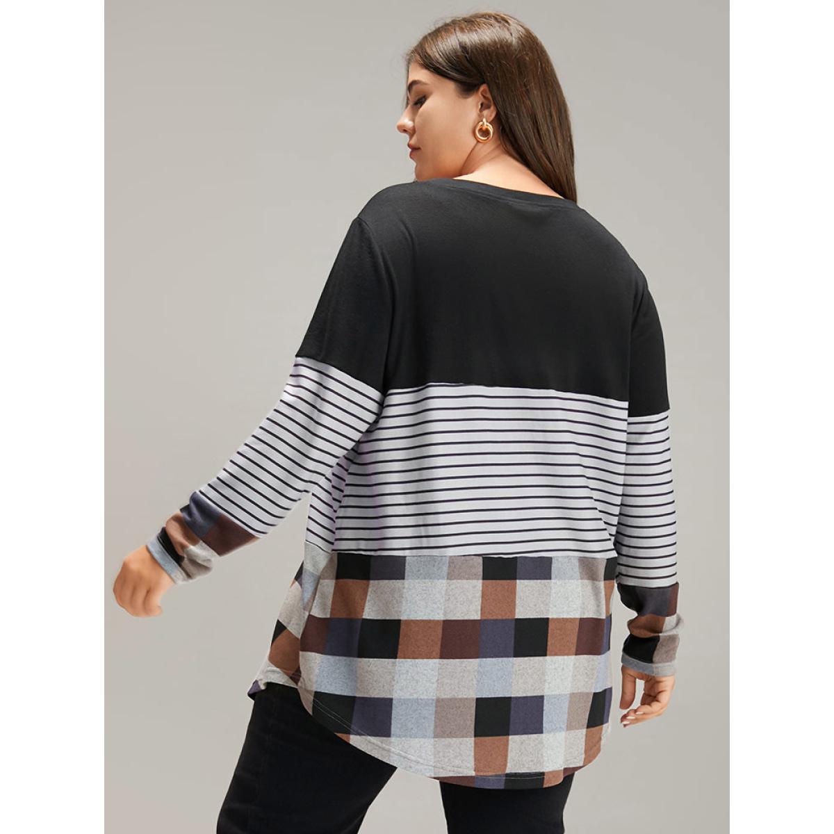 Plus Size Plaid Striped Patchwork Arc HemT-shirt Multicolor Women Casual Contrast Patchwork Round Neck Dailywear T-shirts BloomChic 10/M Product Image