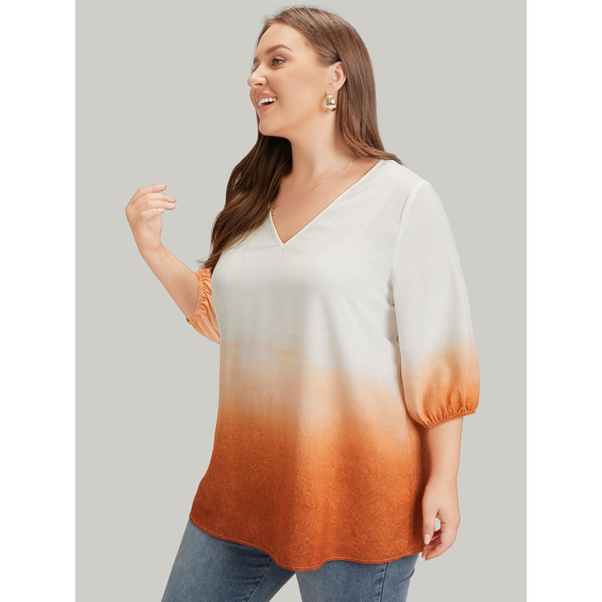Plus Size Orange Ombre Printed Lantern Sleeve Blouse Women Vacation Elbow-length sleeve V-neck Dailywear Blouses BloomChic 10/M Product Image