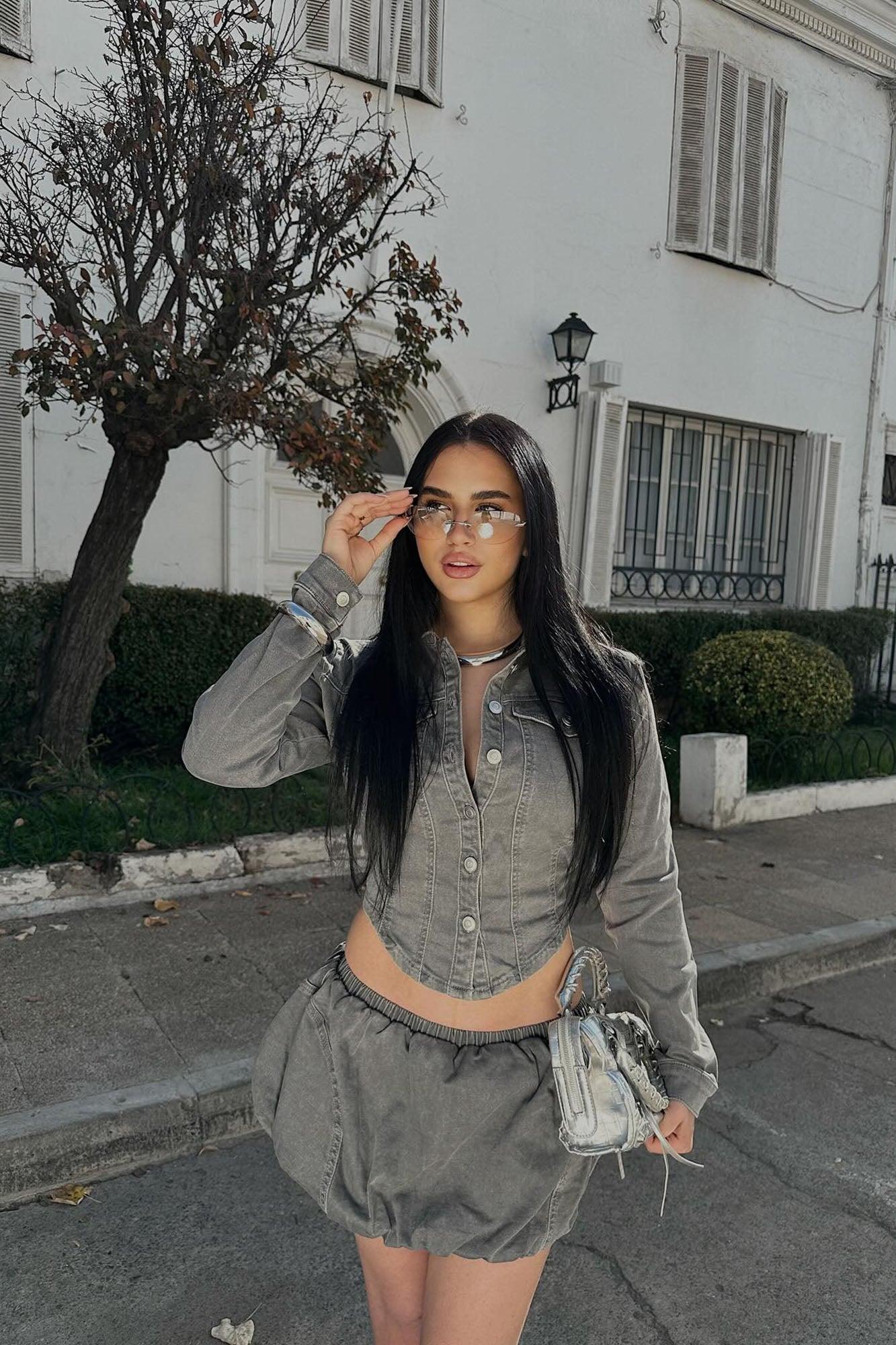 Charlotte Denim Bubble Skirt Set - Grey Product Image