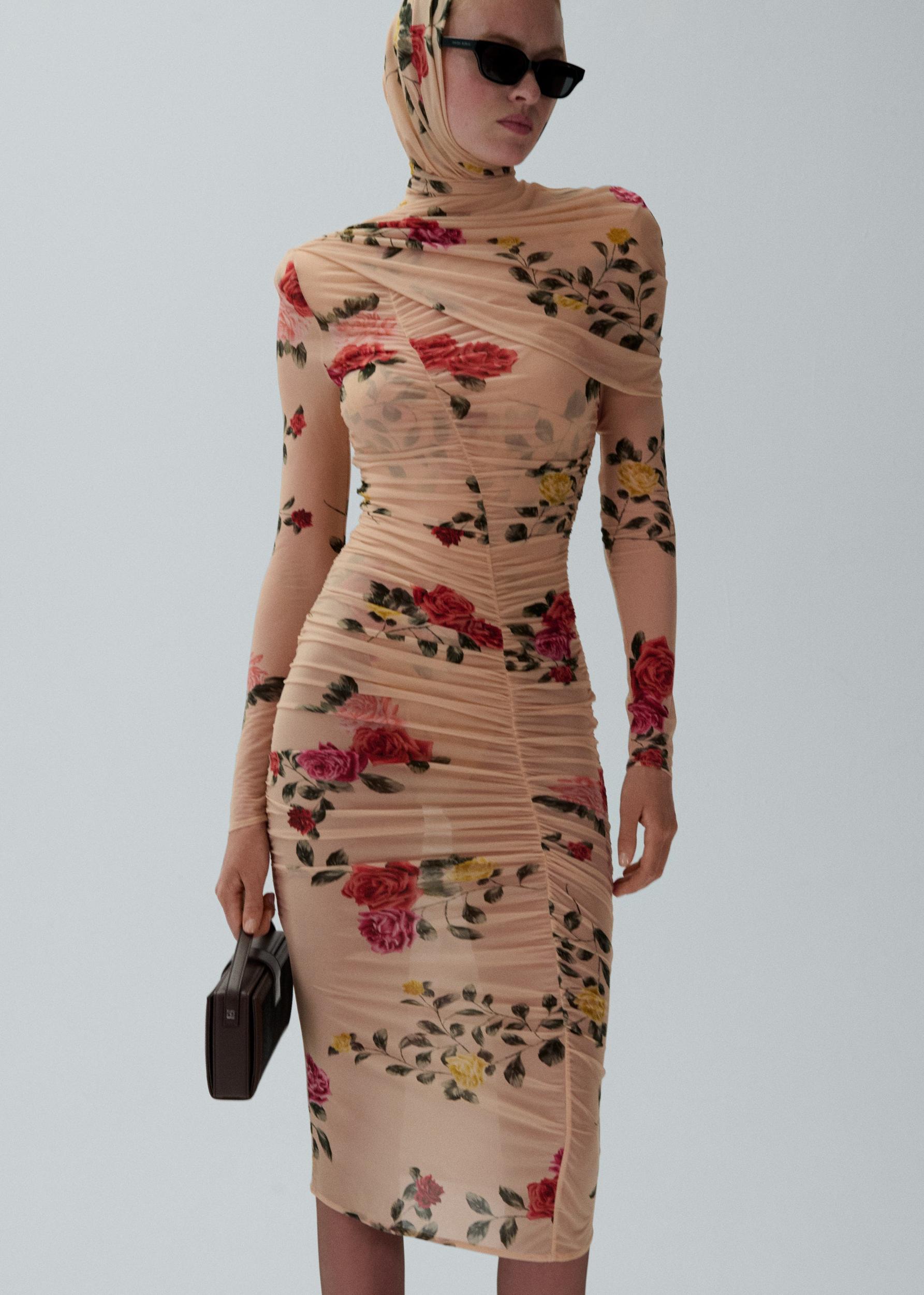 Draped high neck midi dress in beige print Product Image