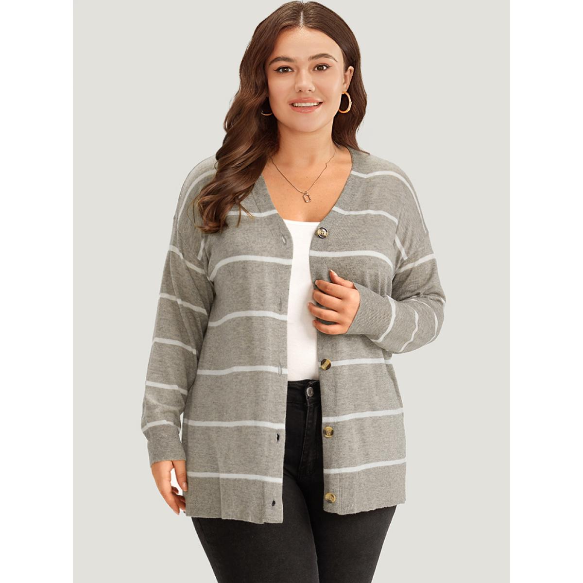 Plus Size Supersoft Essentials Striped Button Through Elastic Cuffs Cardigan DarkGray Women Casual Loose Long Sleeve Dailywear Cardigans BloomChic 12/L Product Image
