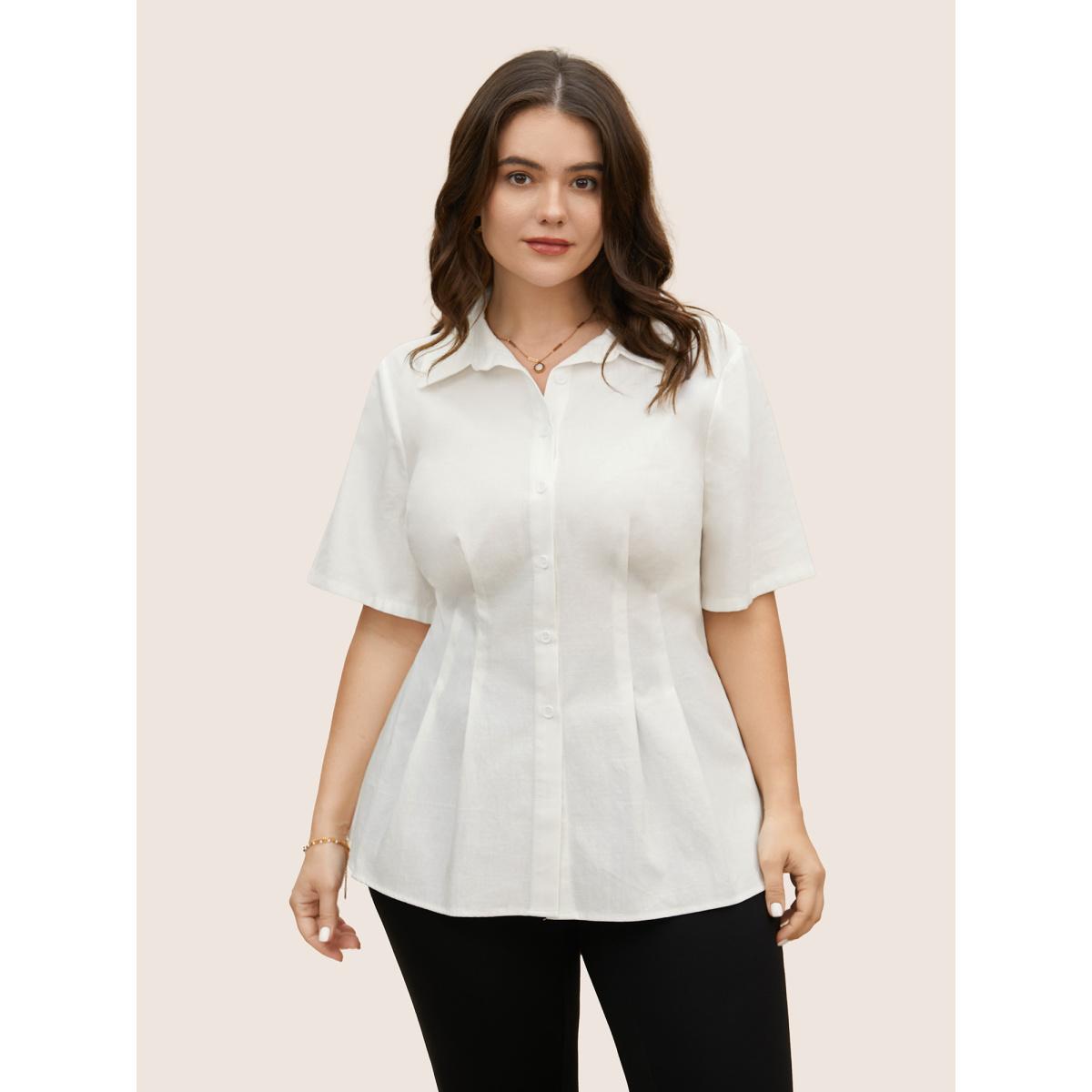 Plus Size Ivory Plain Shirt Collar Waist Design Blouse Women At the Office Short sleeve Shirt collar Work Blouses BloomChic 22-24/3X Product Image