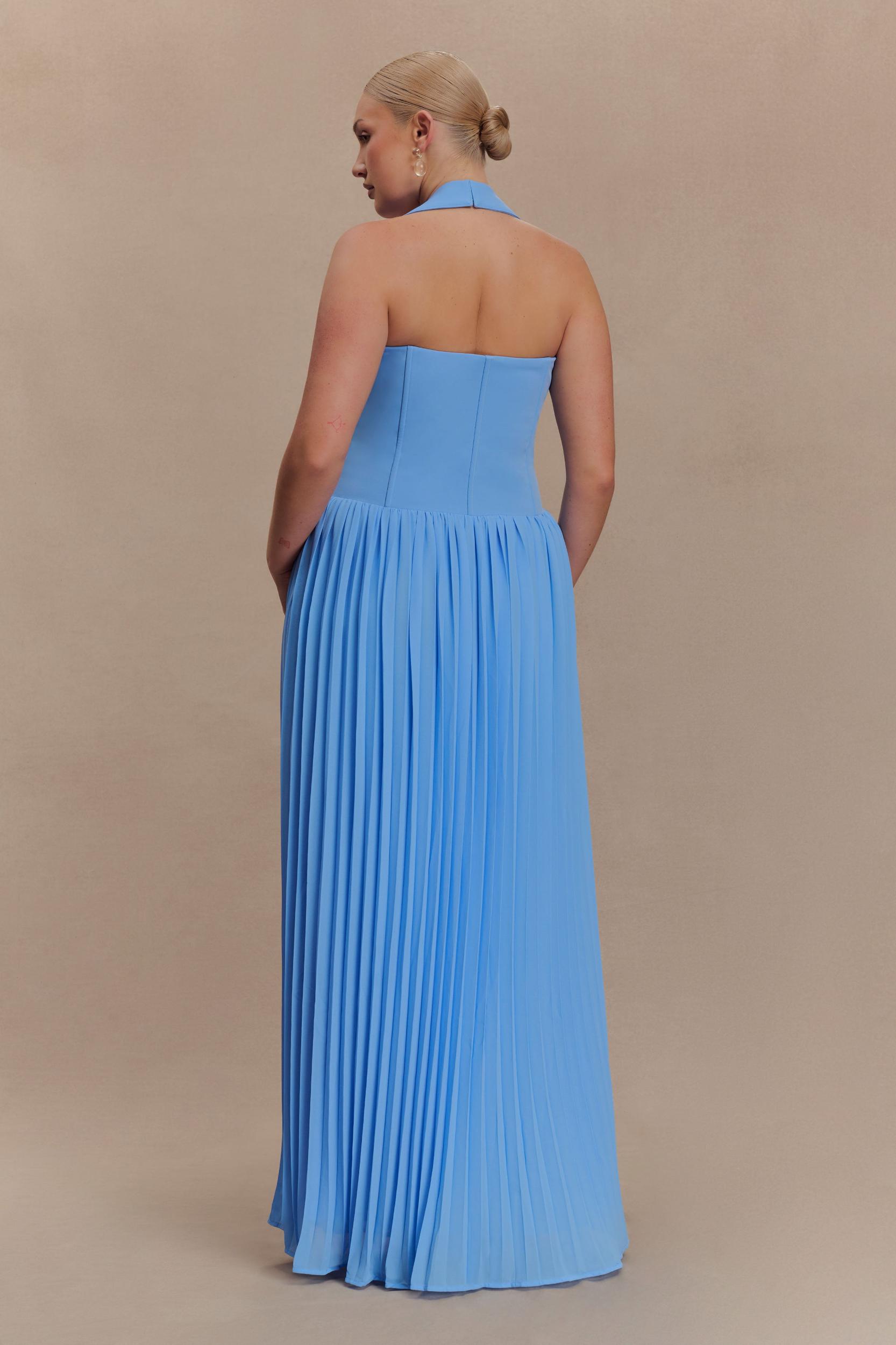 Stacie Pleated Halter Maxi Dress - Bright Blue Product Image