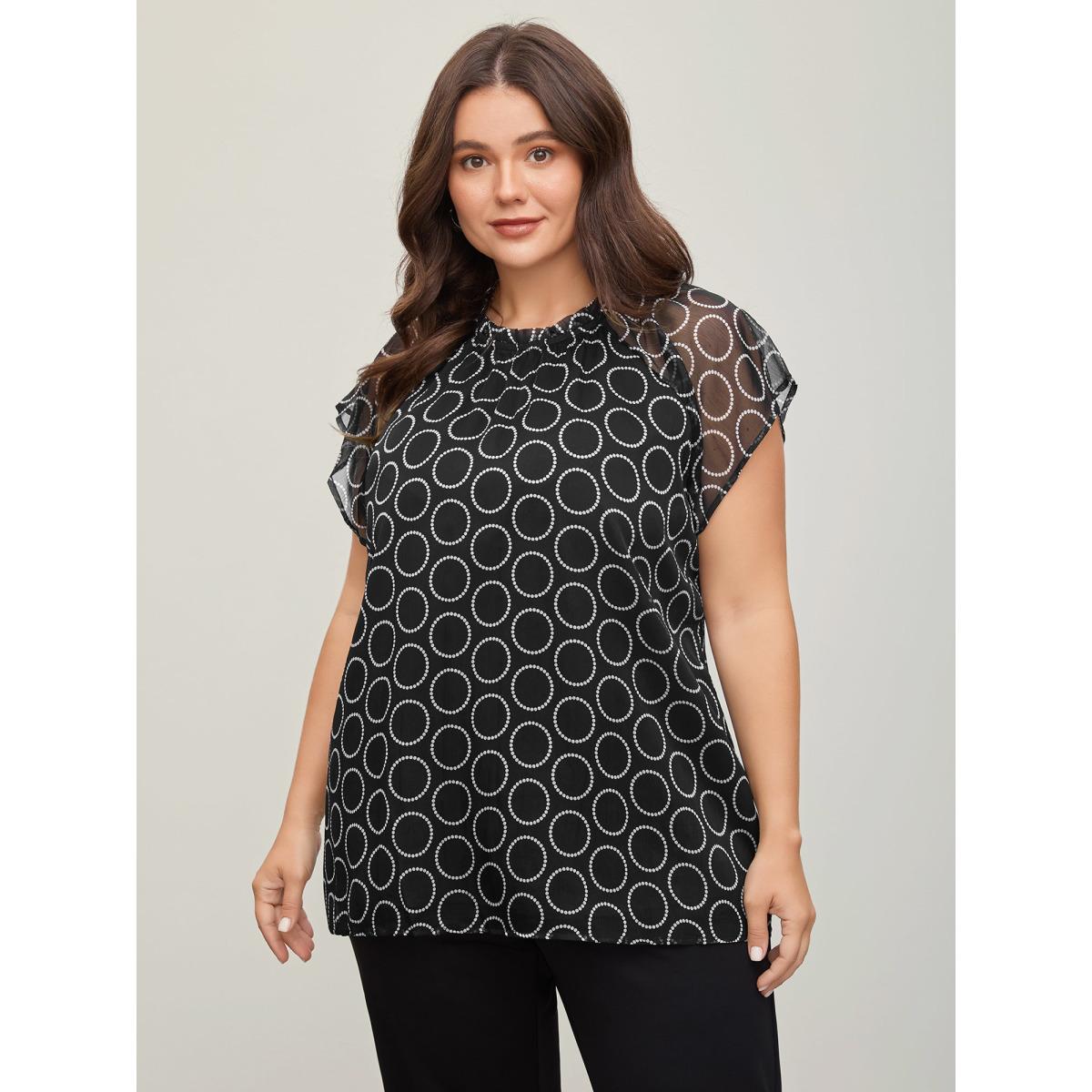 Plus Size Black Polka Dot Mock Neck Mesh Patchwork Blouse Women Workwear Essentials Cap Sleeve Round Neck Work Blouses BloomChic 10/M Product Image
