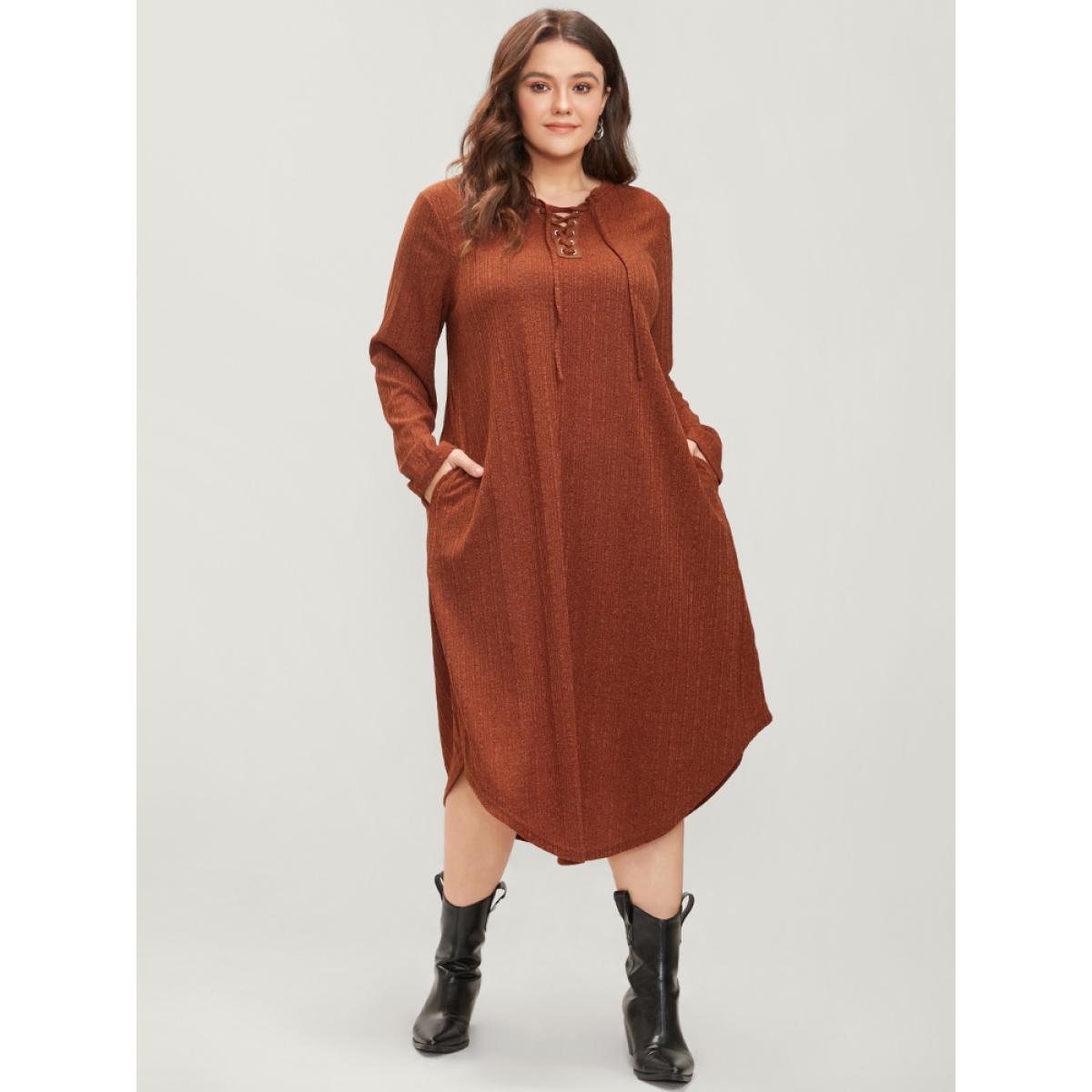 Plus Size Solid Pocket Lace Up Arc Hem Dress Without Belt Rust Women Elegant Cross straps V-neck Long Sleeve Curvy Midi Dress BloomChic 28/5X Product Image