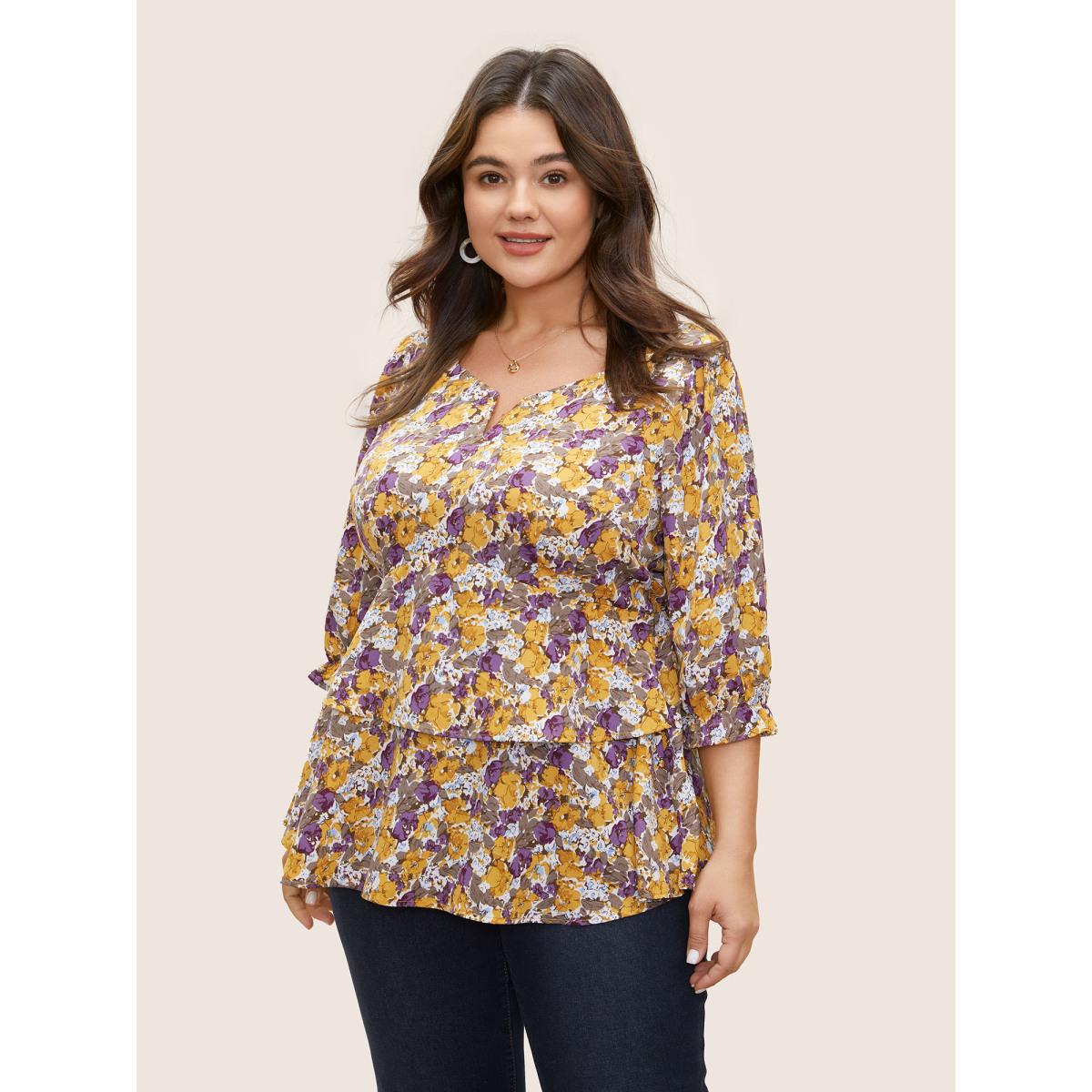 Plus Size Apricot Floral Allover Print Ruffles Tiered Hem Blouse Women Elegant Elbow-length sleeve Notched collar Everyday Blouses BloomChic 18-20/2X Product Image