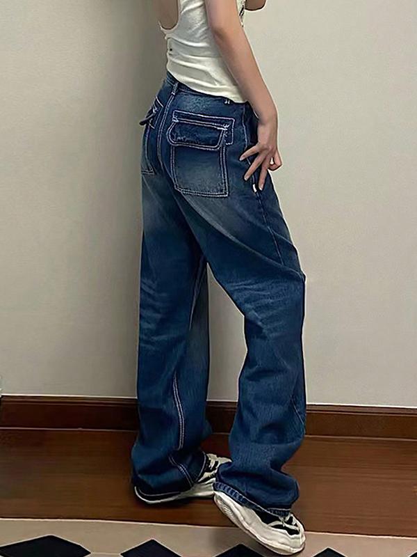 American-Style Washed Distressed Finish Boyfriend Jeans Product Image