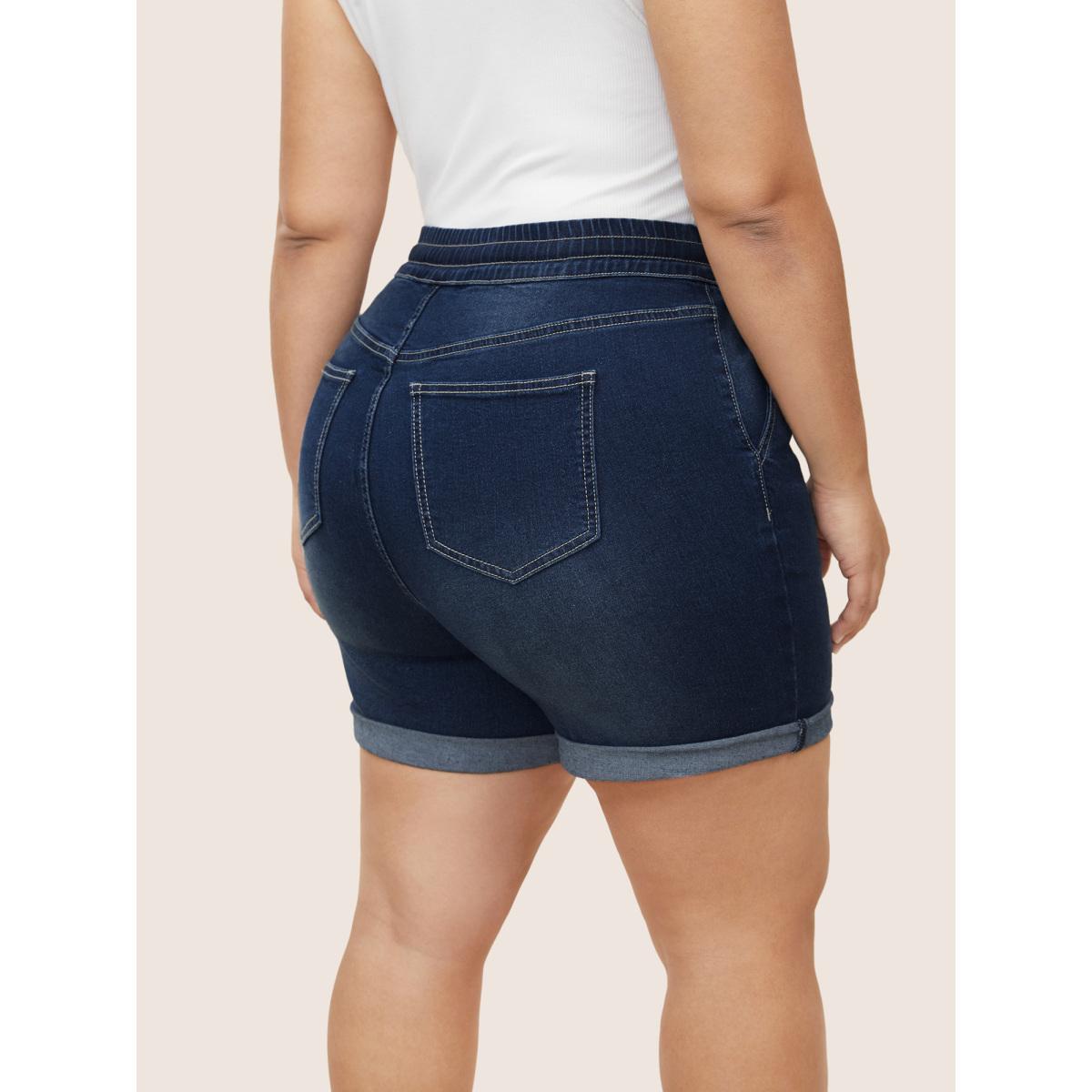 Plus Size Roll Hem Elastic Waist Drawstring Denim Shorts Women Indigo Drawstring High stretch Everyday Slanted pocket Casual Denim Shorts BloomChic 24/3X Product Image