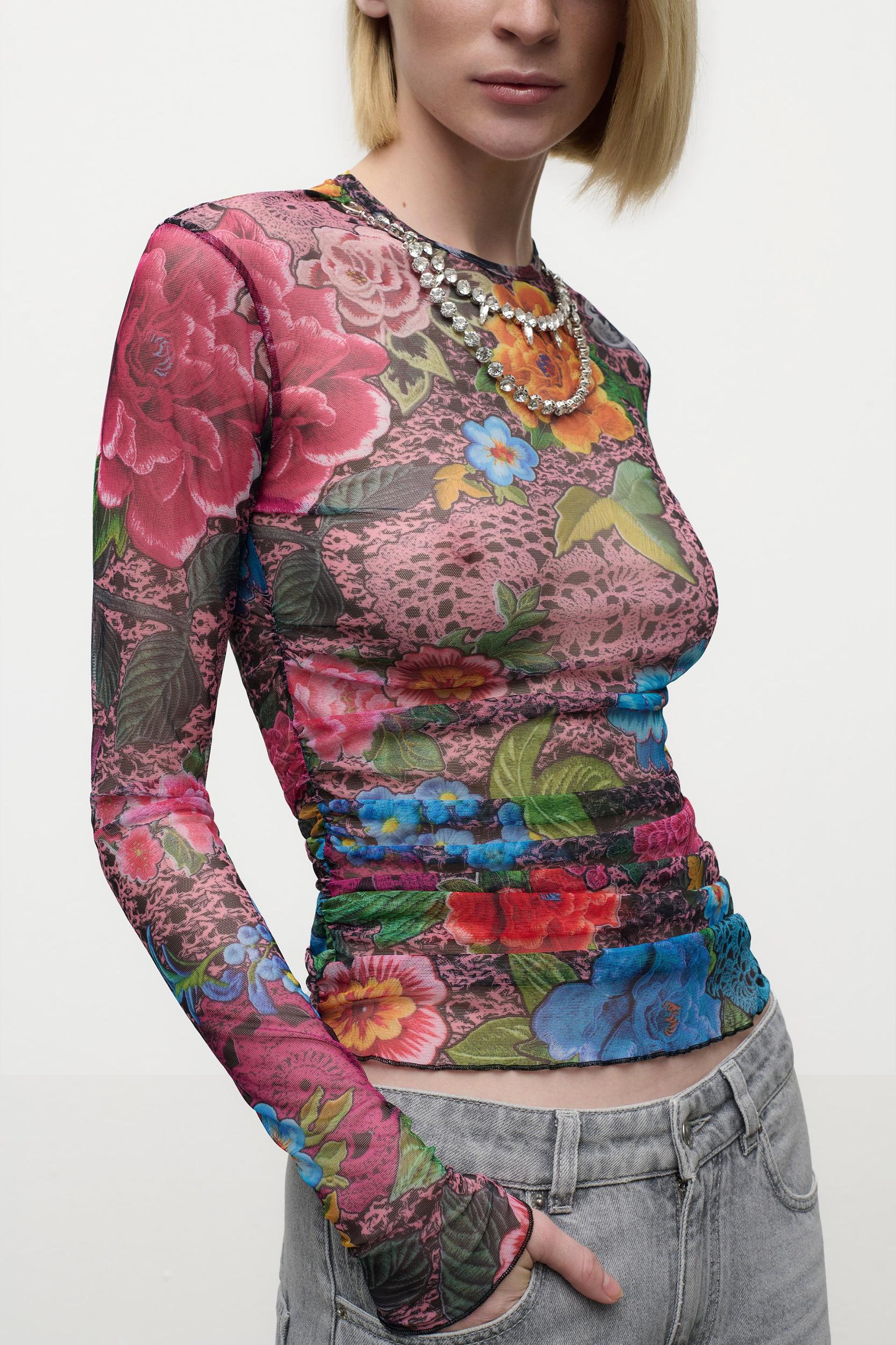 Crystal Embellished Printed Tulle Long Sleeve Top Product Image