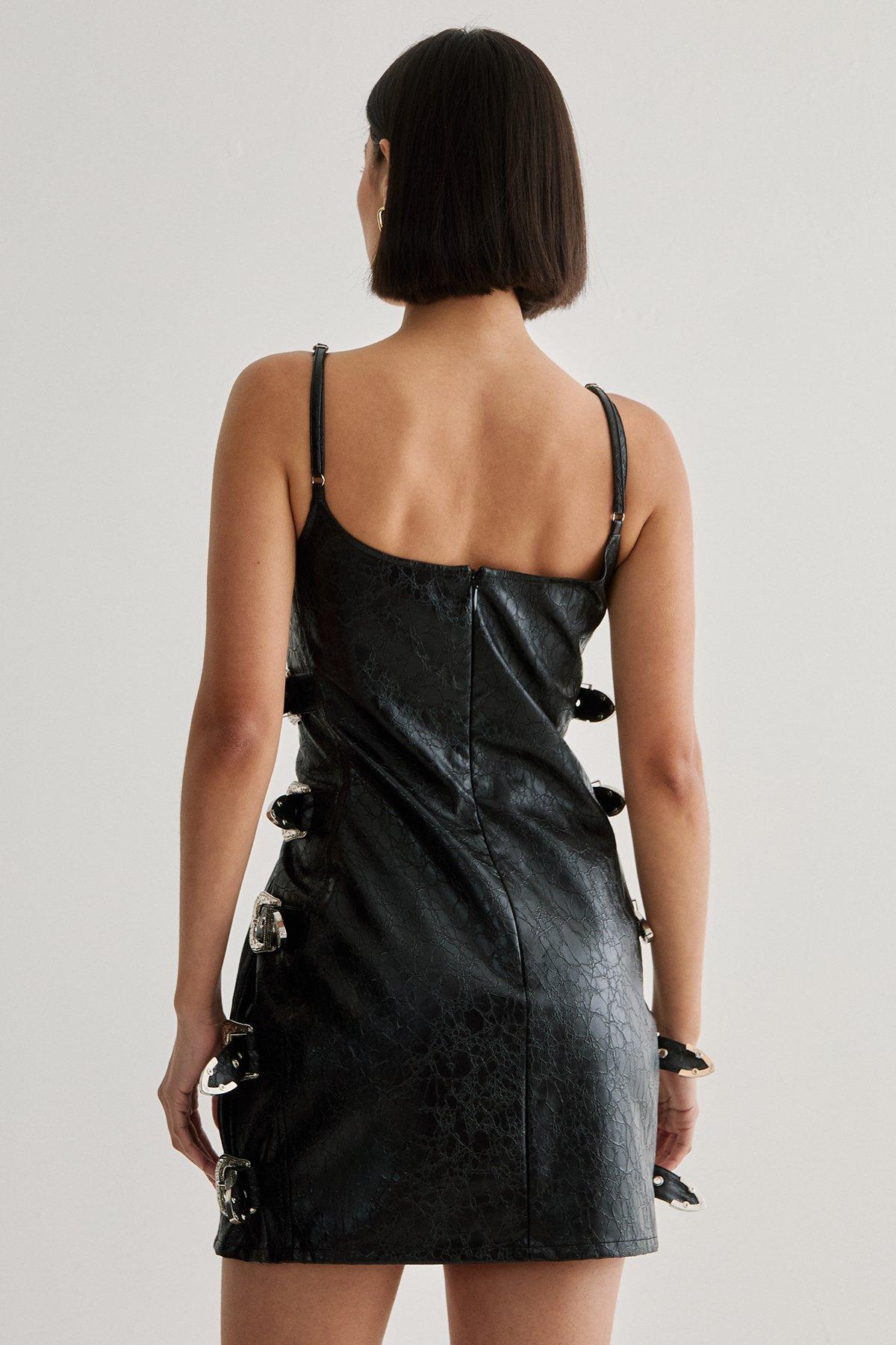 Distressed Faux Leather Buckle Detail Dress Product Image