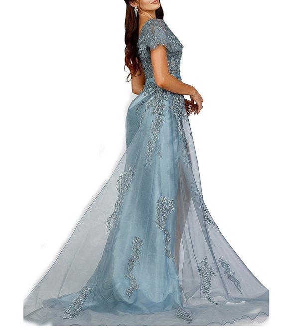 Terani Couture One Shoulder Short Puffed Sleeve Pleated Front Slit Embellished Mermaid Dress Product Image