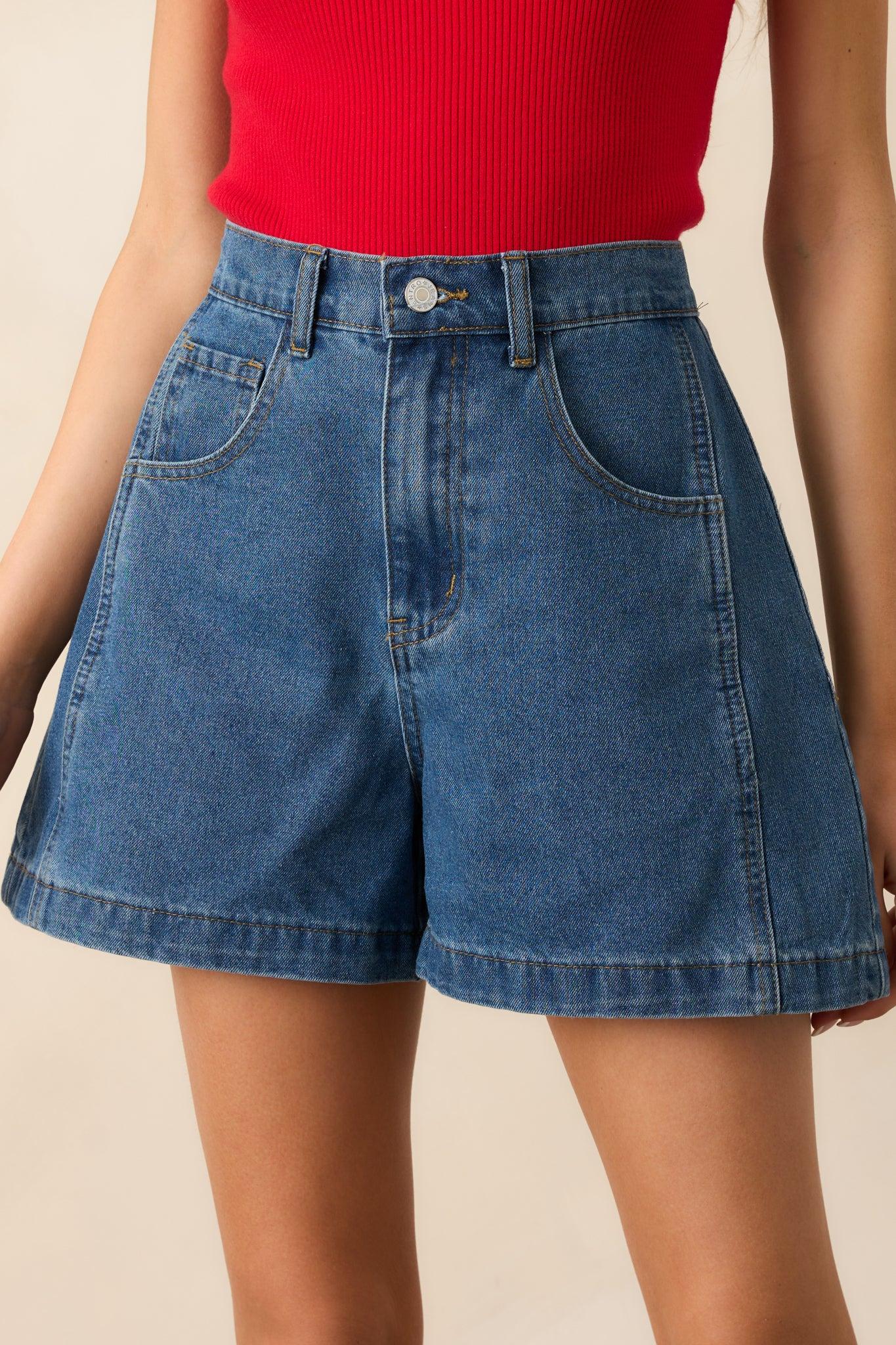 Doing It My Way Dark Wash Cotton High Waisted Denim Shorts Product Image