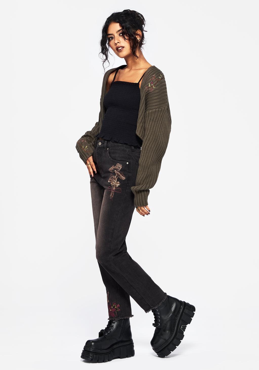 Valeria Floral Moth Embroidered Mom Jeans Product Image