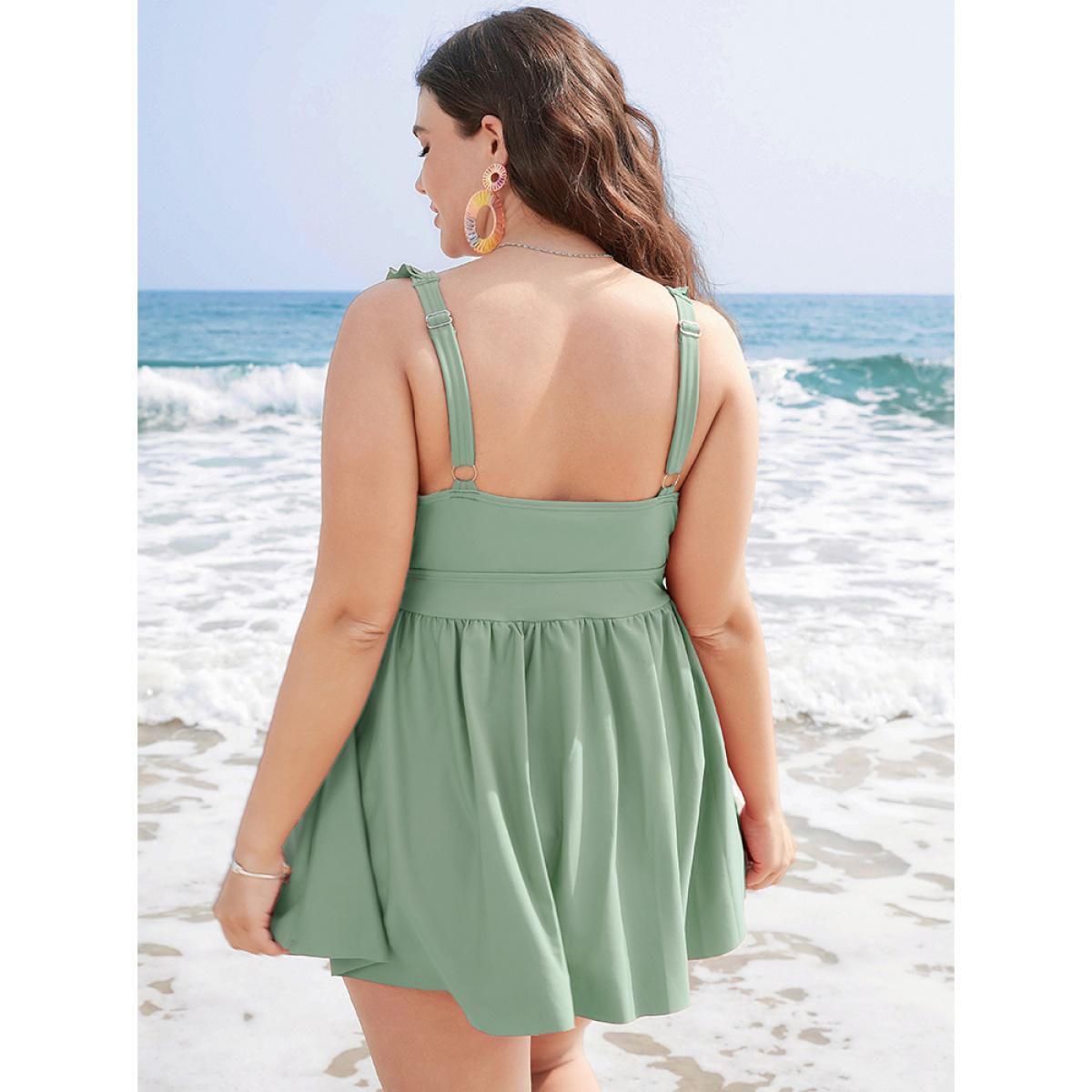 Plus Size Ruffle Trim Adjustable Straps Gathered Sculpt Waist Swim Dress Women's Swimwear LightGreen Beach Bodycon V-neck High stretch Curve Swim Dresses BloomChic 30/6X Product Image
