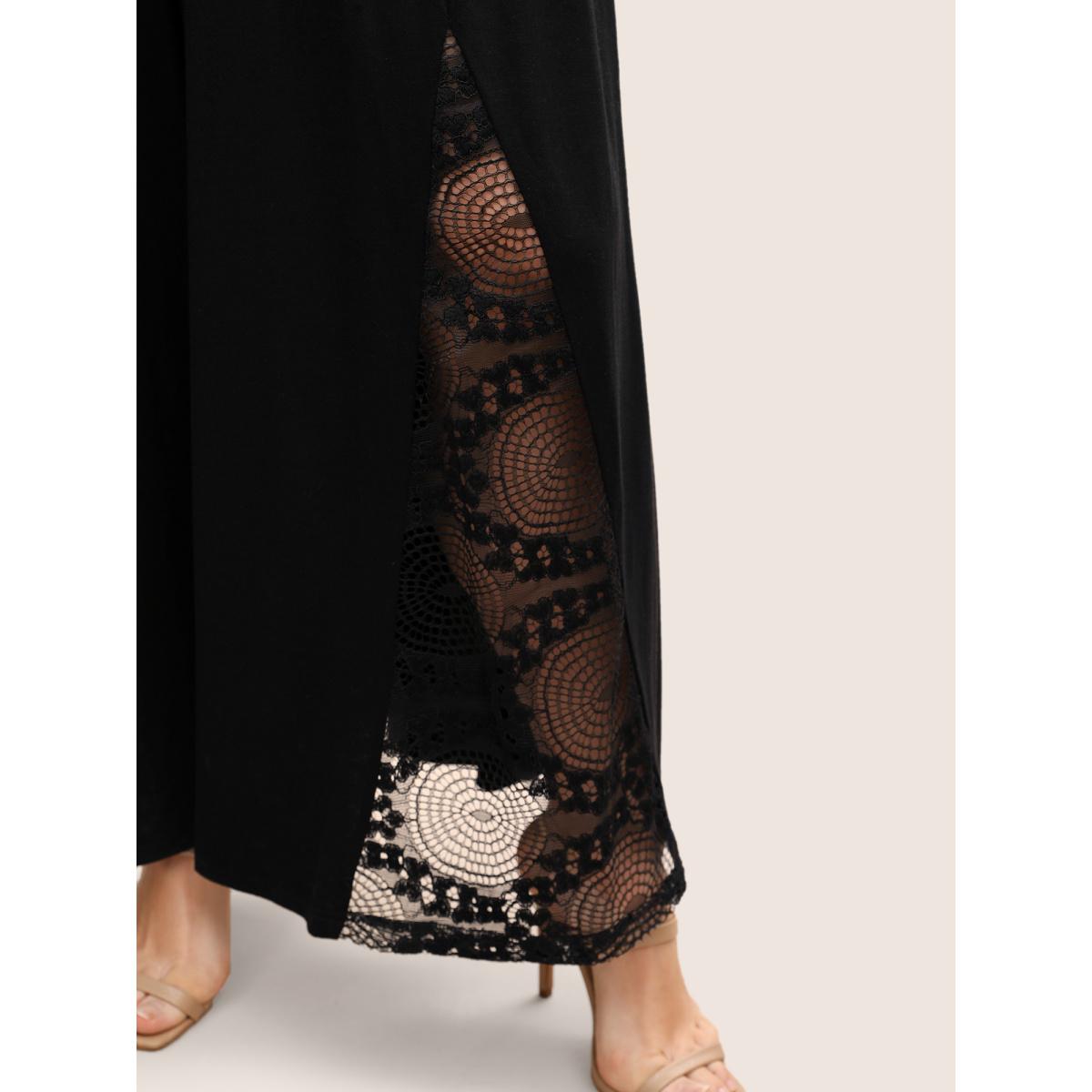 Plus Size Black V Neck Lace Panel Frill Trim Jumpsuit Women Resort Short sleeve V-neck Vacation Loose Jumpsuits BloomChic 26/4X Product Image