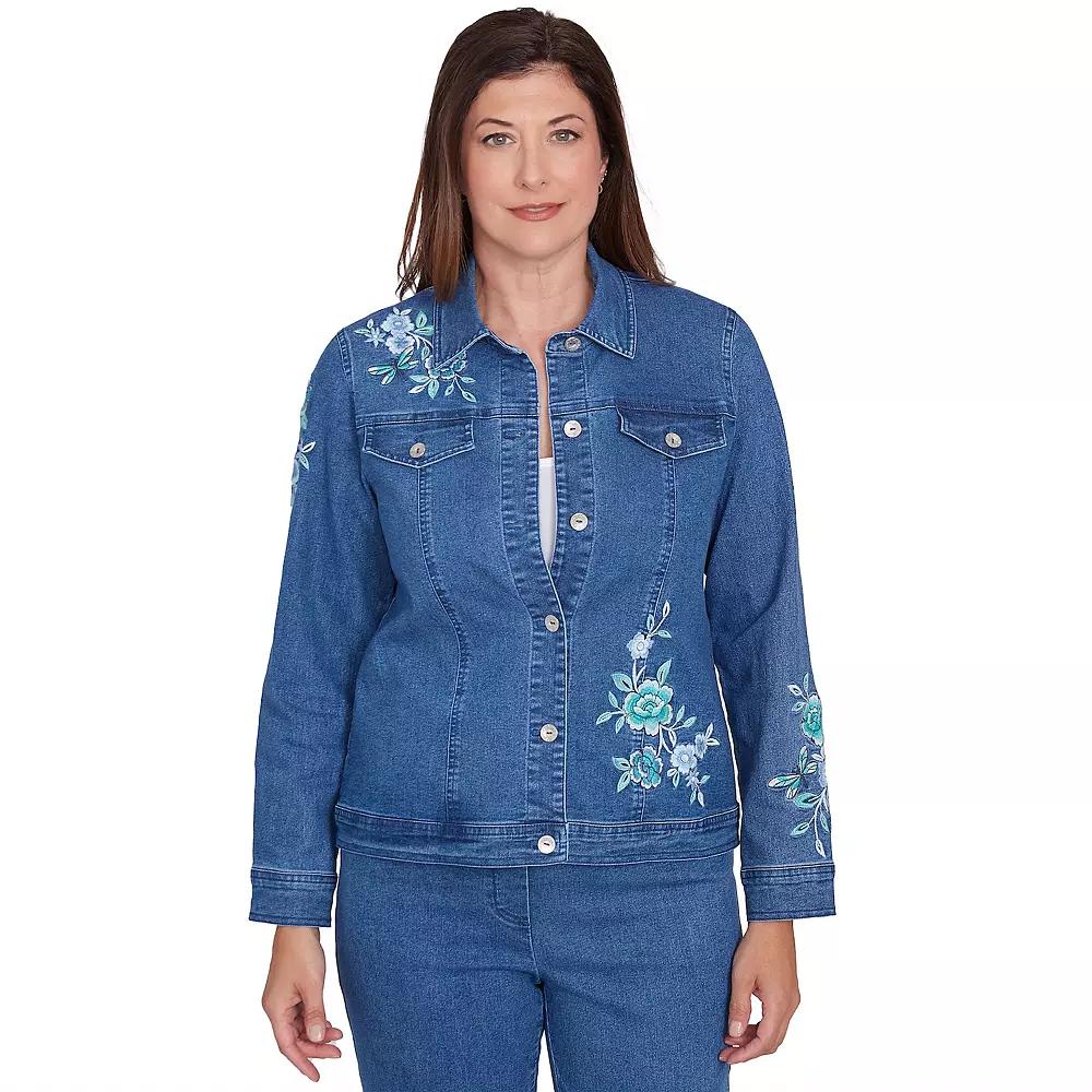 Women's Alfred Dunner Floral Embroidered Denim Jacket, Size: Medium, Medium Blue Product Image