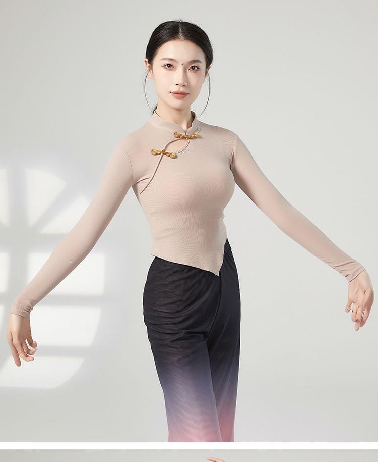 Long-Sleeve Mock Neck Plain Asymmetrical Dance Top Product Image
