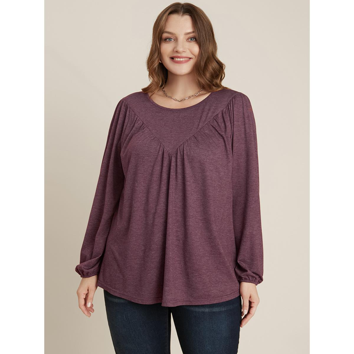 Plus Size DustyPink Solid Round Neck Gathered Lantern Sleeve Blouse Women Elegant Long Sleeve Round Neck Dailywear Blouses BloomChic 10/M Product Image