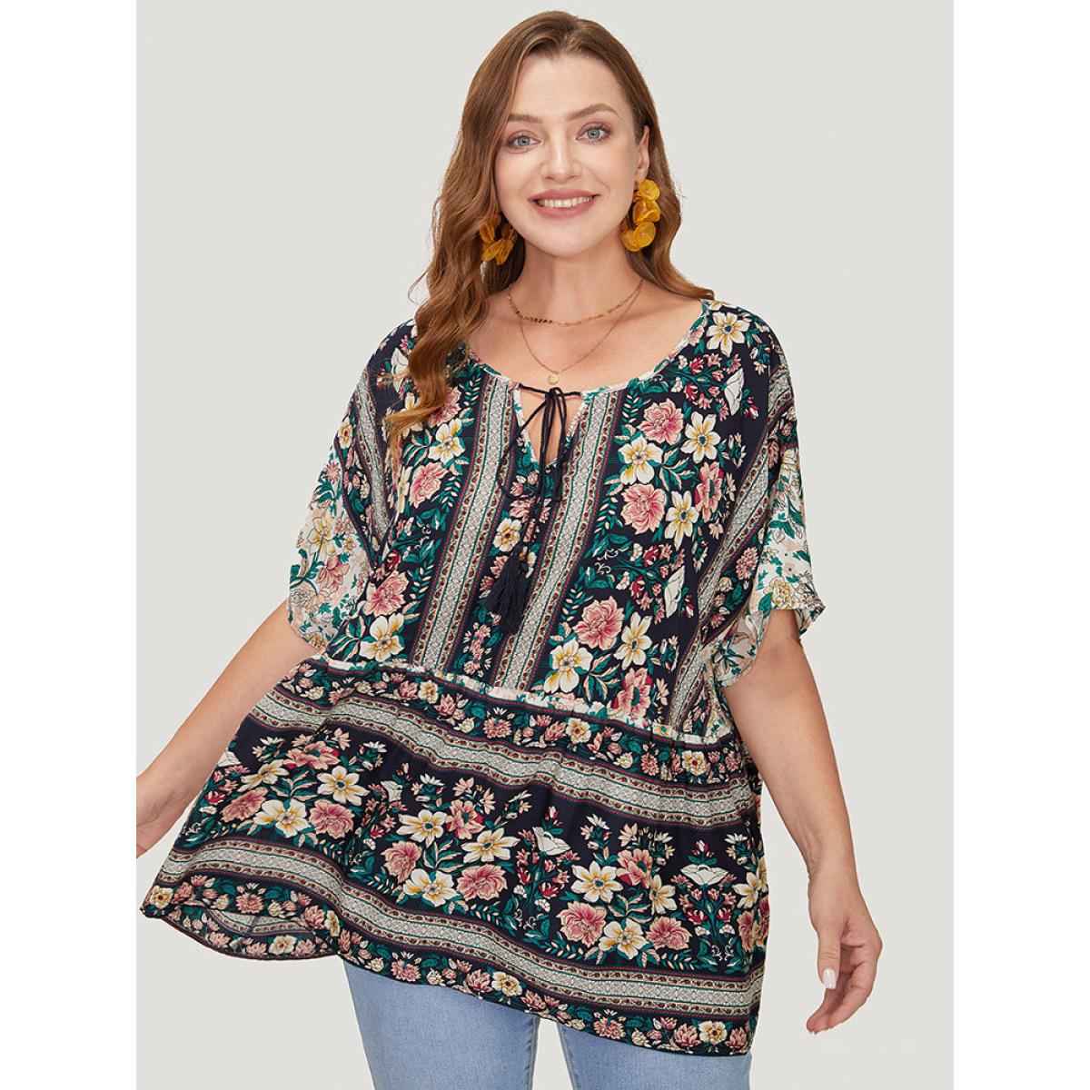 Plus Size Midnight Bandana Print Tie Neck Tassels Batwing Sleeve Blouse Women Vacation Short sleeve Tie Neck Dailywear Blouses BloomChic 10/M Product Image