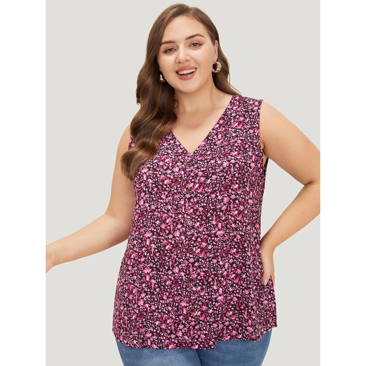 Plus Size Ditsy Floral Sleeveless Button Detail Tank Top Women BlackFlower Casual Button V-neck Everyday Tank Tops Camis BloomChic 30/6X Product Image