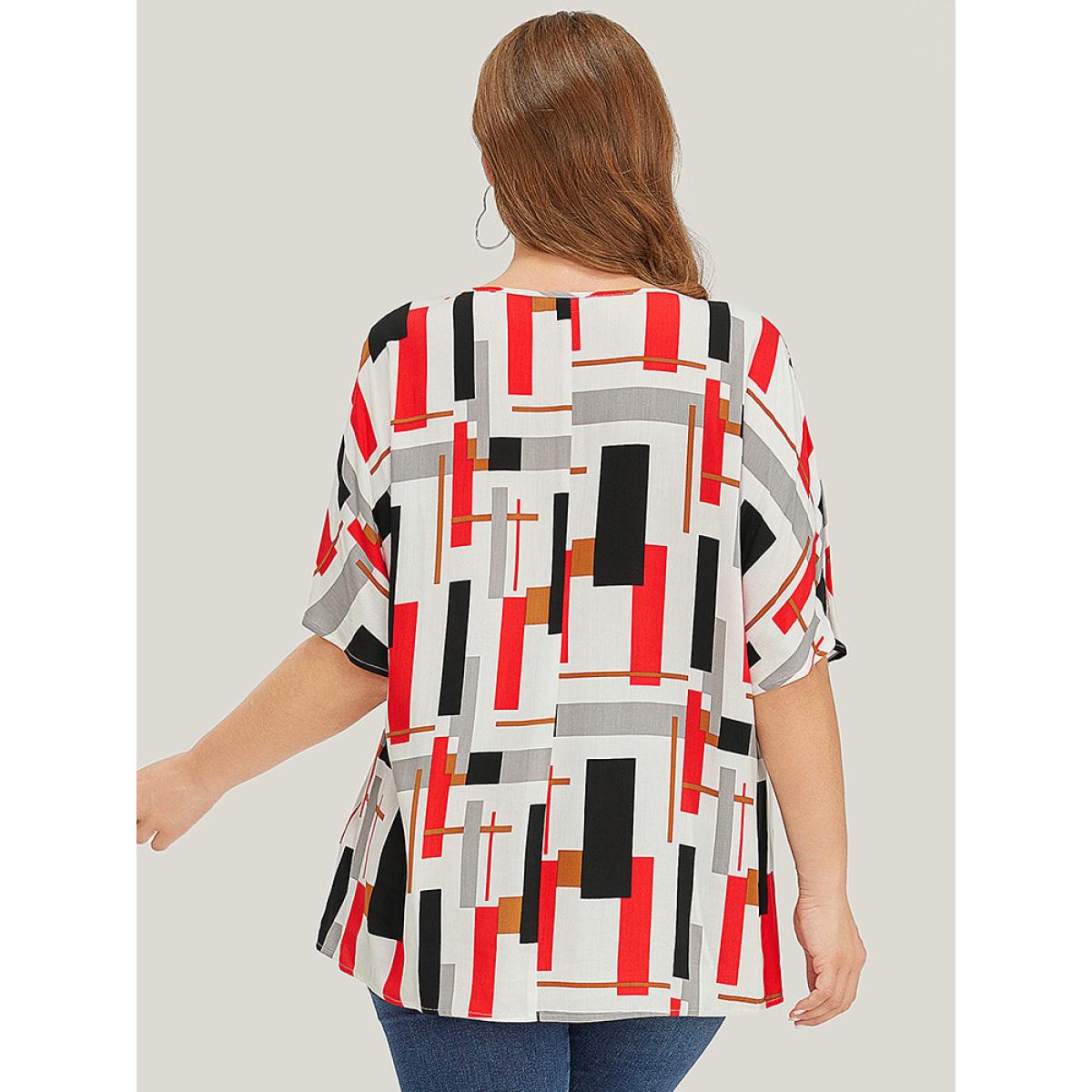 Plus Size Multicolor Geometric Contrast Dolman Sleeve Blouse Women Casual Short sleeve V-neck Dailywear Blouses BloomChic 12/L Product Image