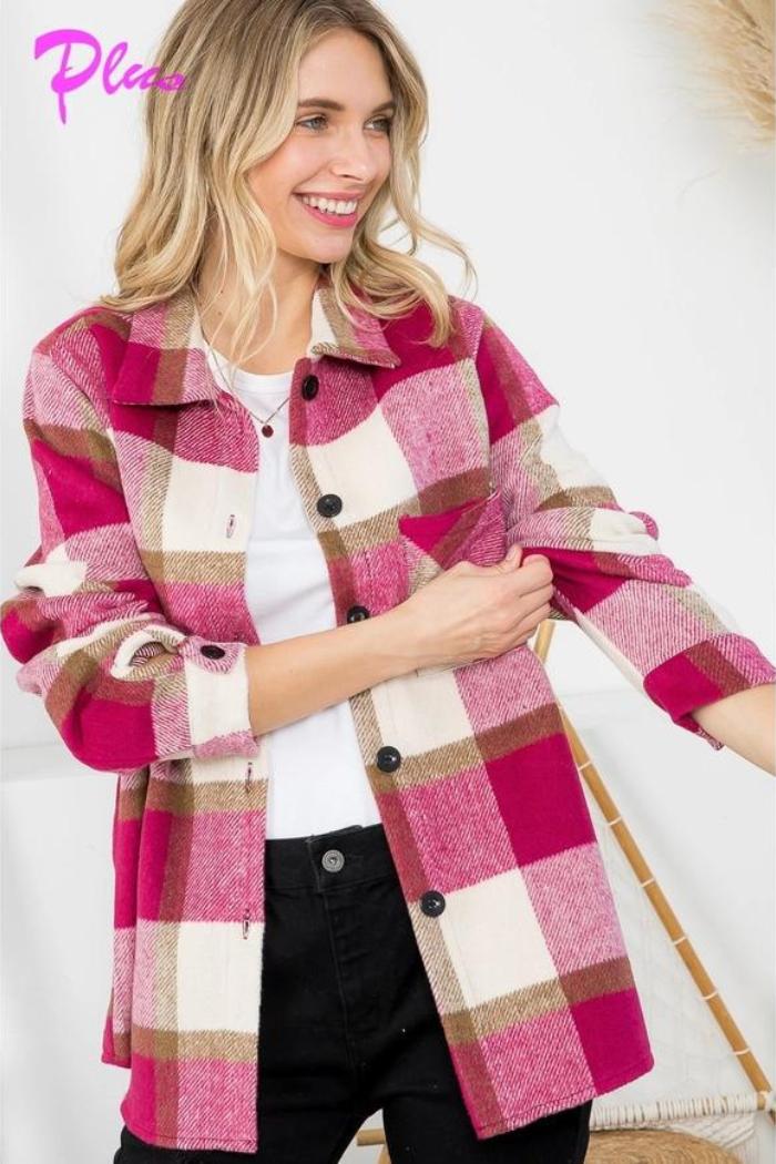 Plus Fuzzy Plaid Button-down Shacket Product Image