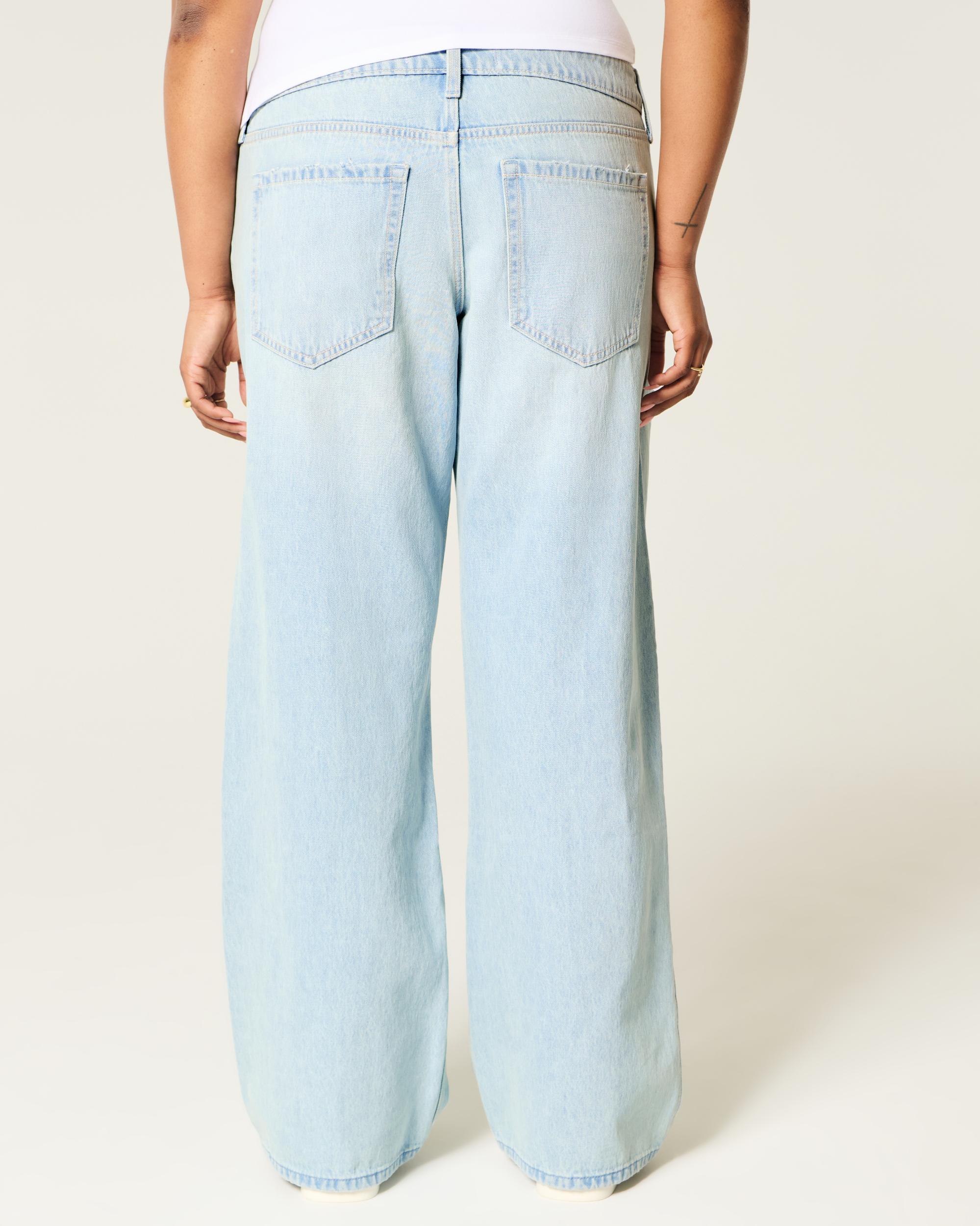 Low-Rise Distressed Light Wash Rhinestone Baggy Jeans Product Image