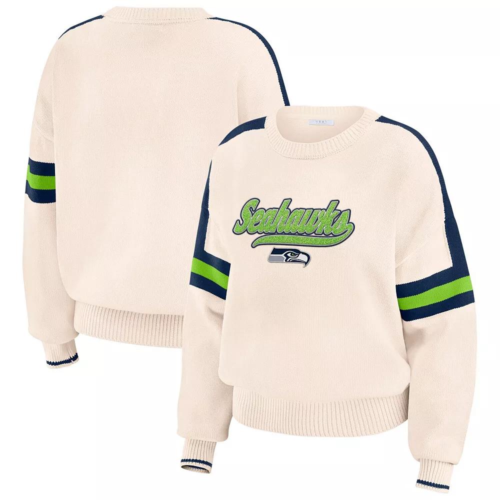 Women's WEAR by Erin Andrews  Cream Seattle Seahawks Stripe Pullover Sweater, Size: Medium, Beige Product Image