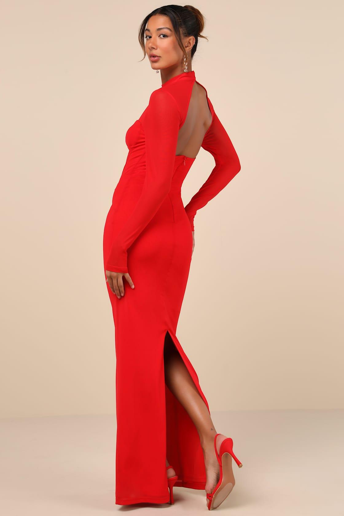 Sensational Appeal Red Mesh Cutout Long Sleeve Maxi Dress Product Image