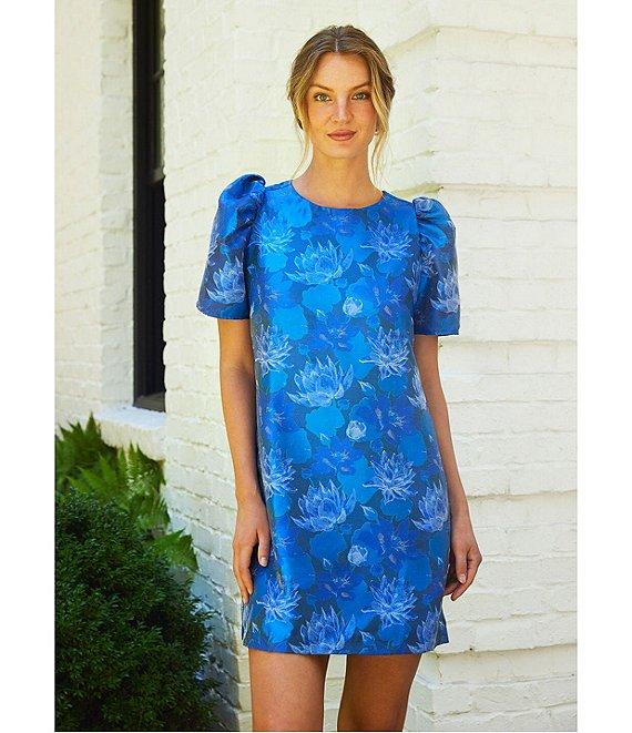 Abbey Glass Marty Floral Print Jacquard Round Neck Short Sleeve Shift Mini Dress Product Image
