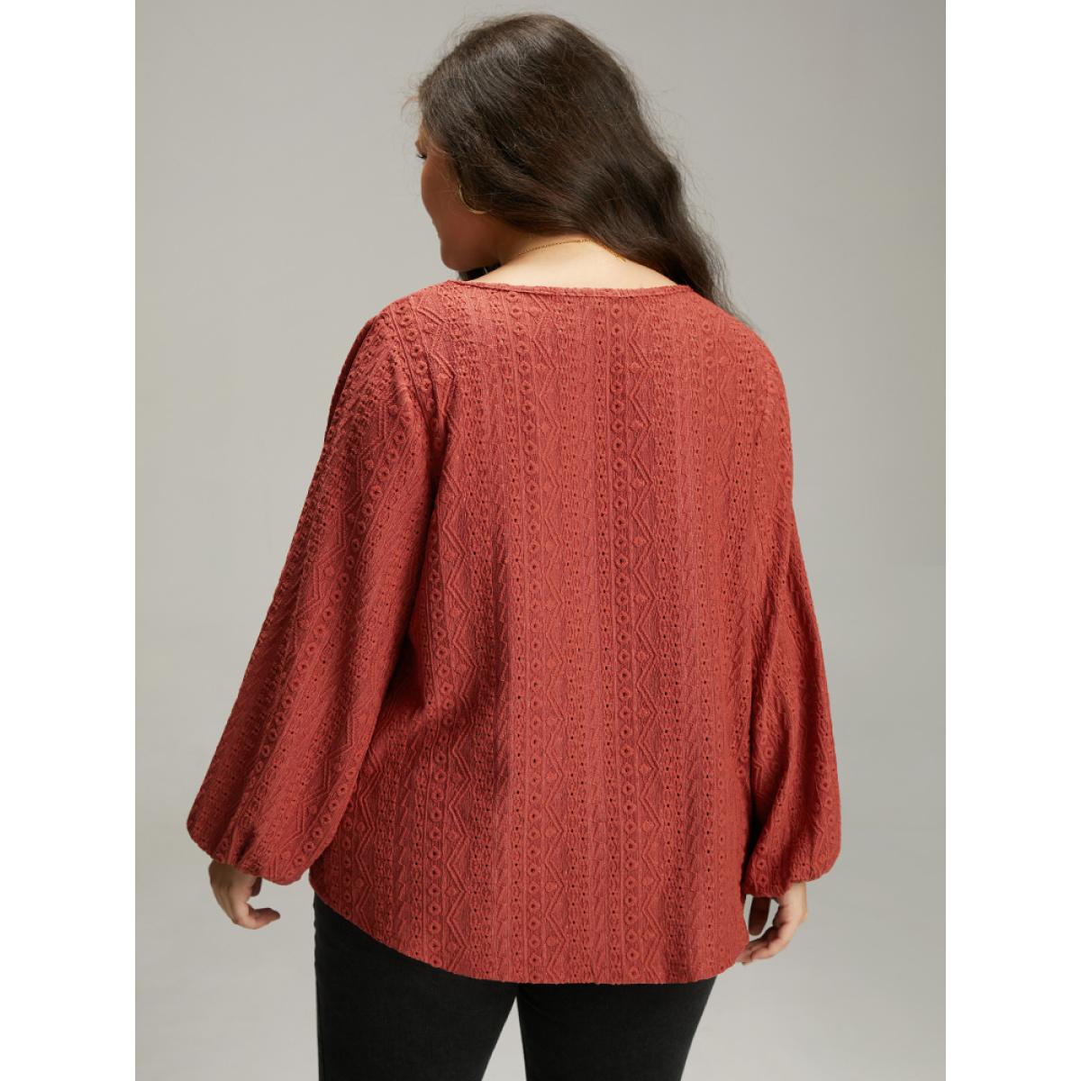 Plus Size Keyhole Plicated Detail Lantern Sleeve T-shirt Rust Women Elegant Elastic cuffs Plain V-neck Dailywear T-shirts BloomChic 18-20/2X Product Image