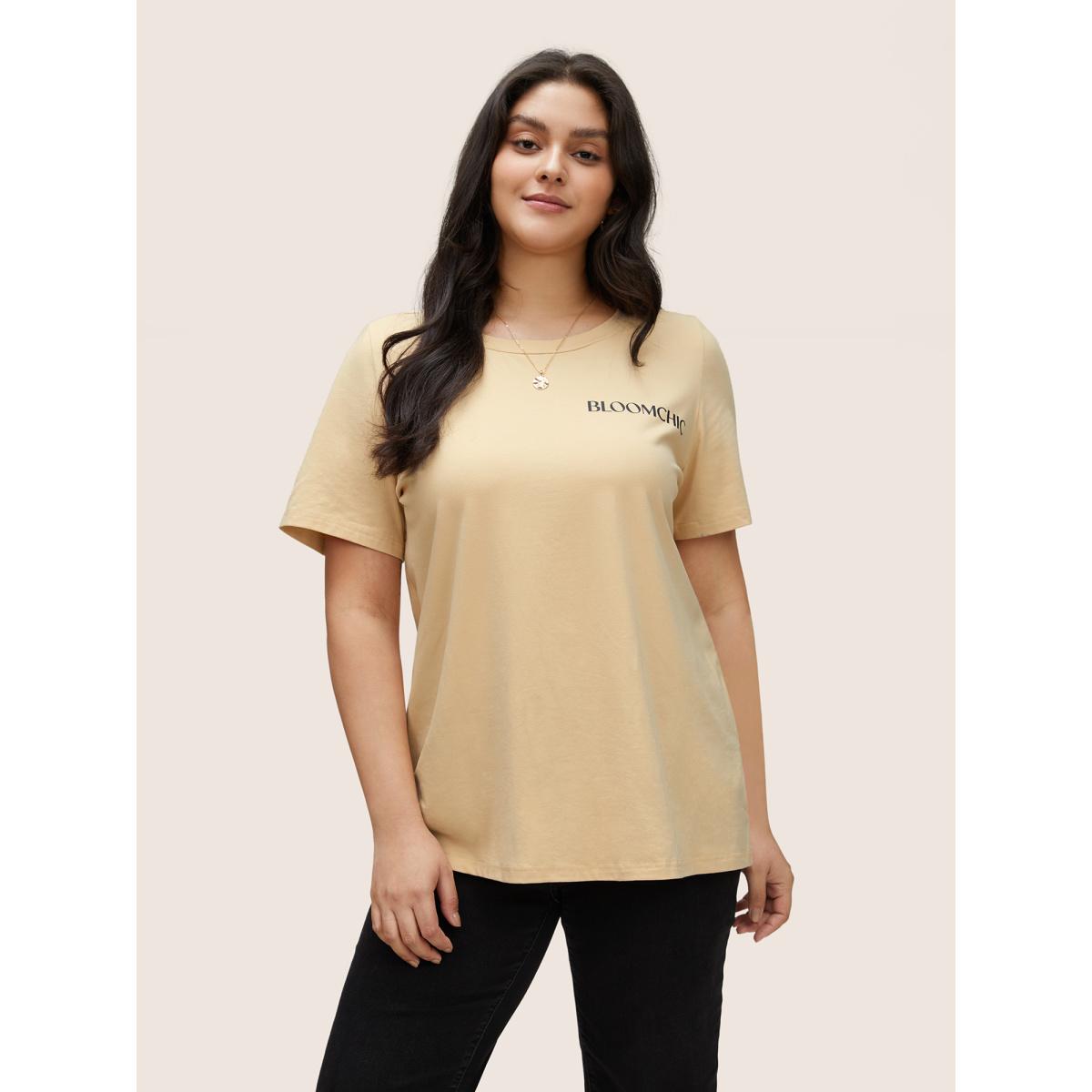 Plus Size BLOOMCHIC Basic Solid Crew Neck T-shirt Apricot Women Casual Non Positive slogan Everyday T-shirts BloomChic 14-16/1X Product Image