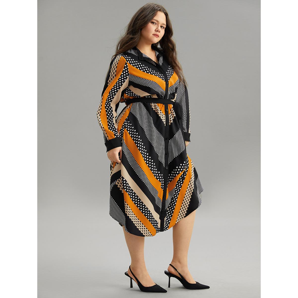 Plus Size Polka Dot Striped Belted Button Through Dress Orange Women At the Office Belted Mock Neck Long Sleeve Curvy Midi Dress BloomChic 28/5X Product Image