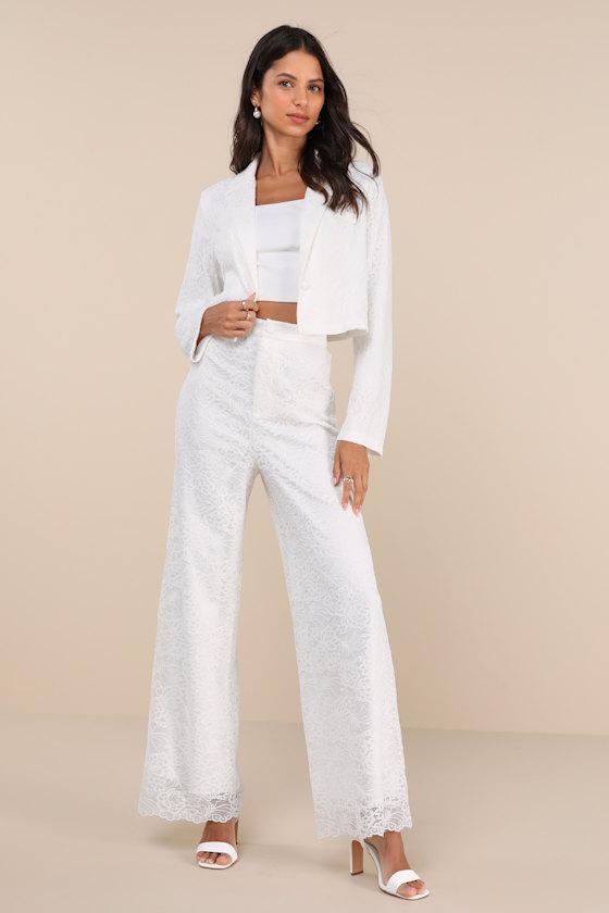 Elegant Pursuit Ivory Lace Collared Cropped Blazer Product Image