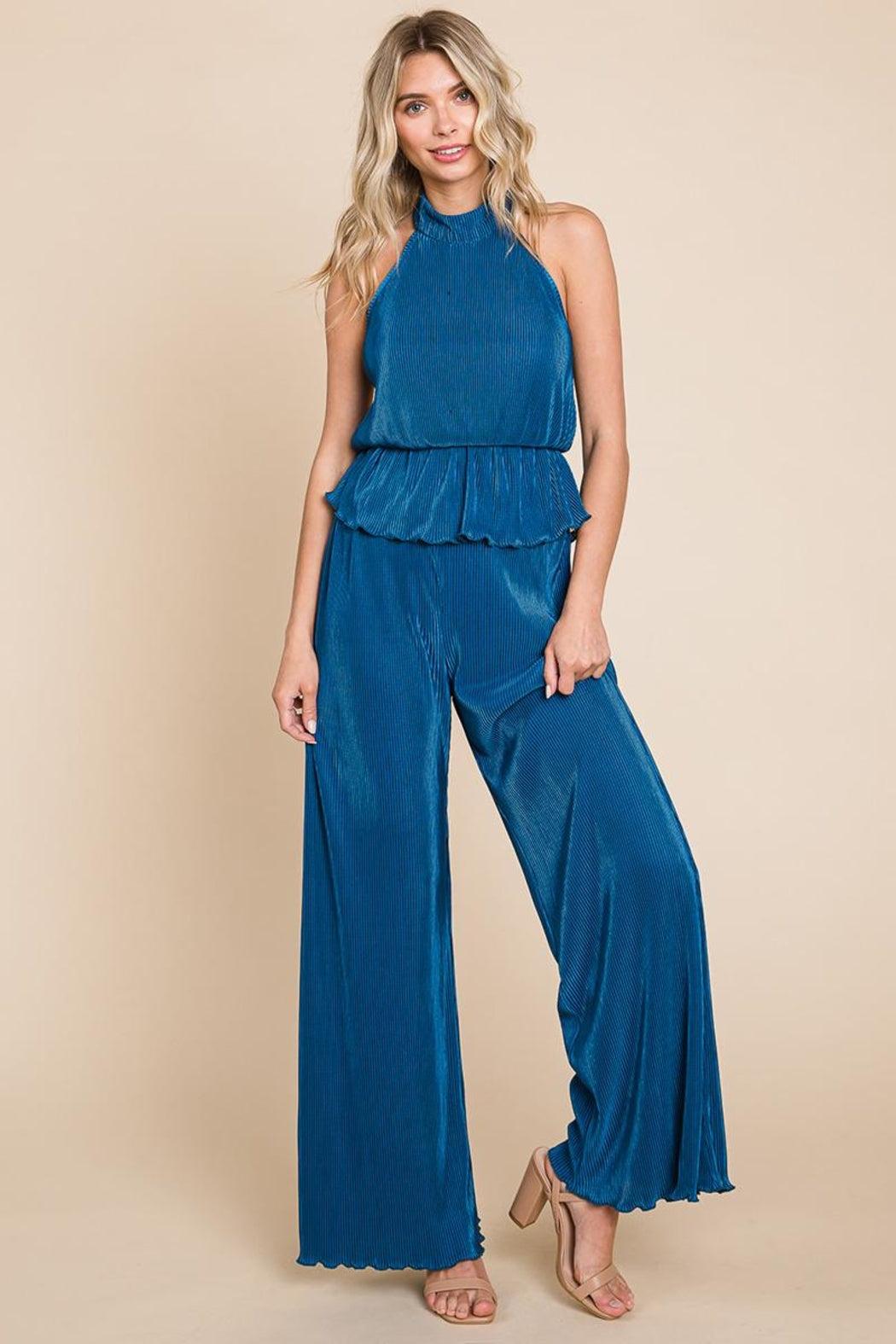 Pleated Backless Halter Tank & Wide Leg Pants Sets Product Image